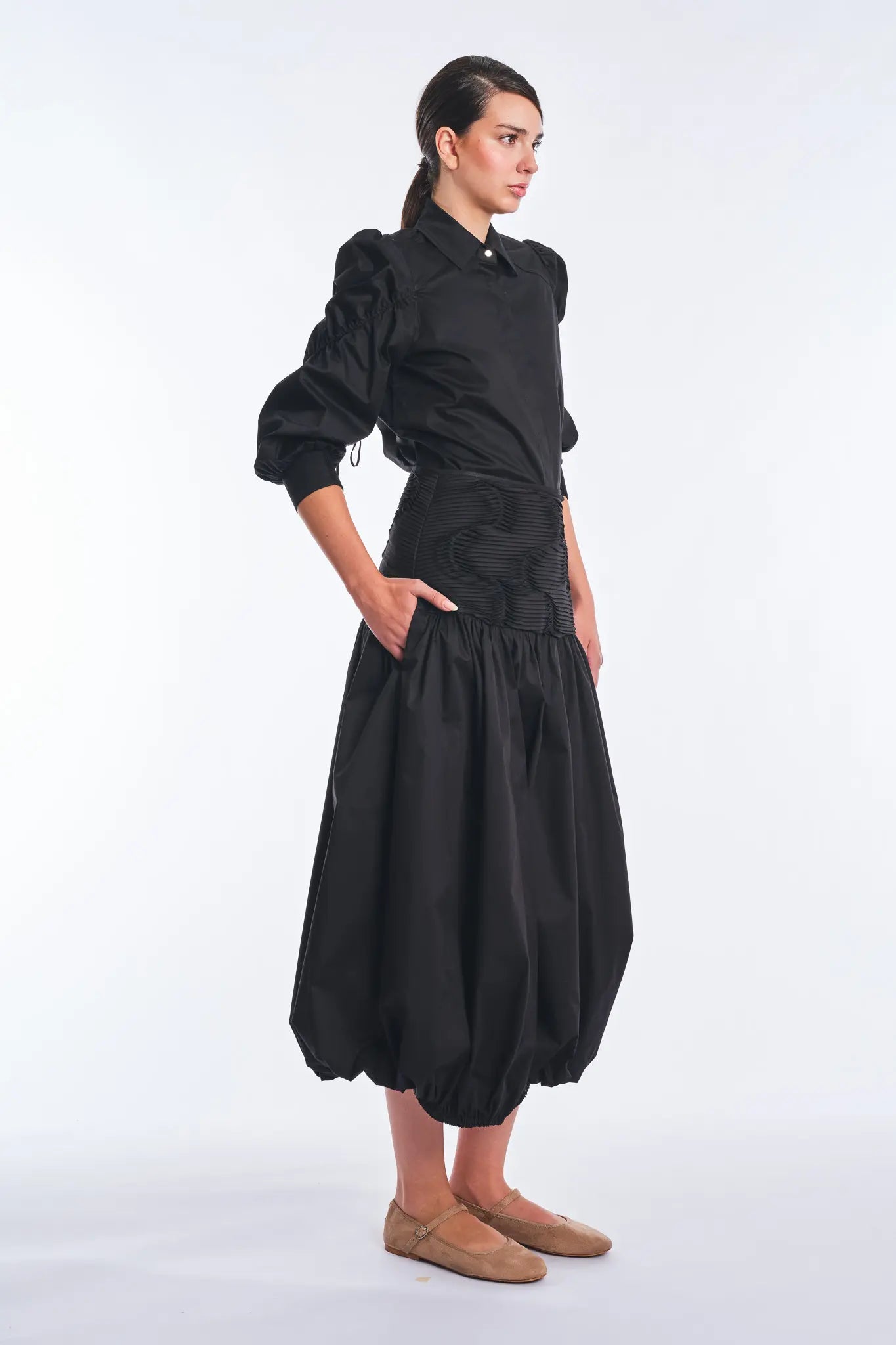 Bimba Cotton Balloon Midi Skirt | Black