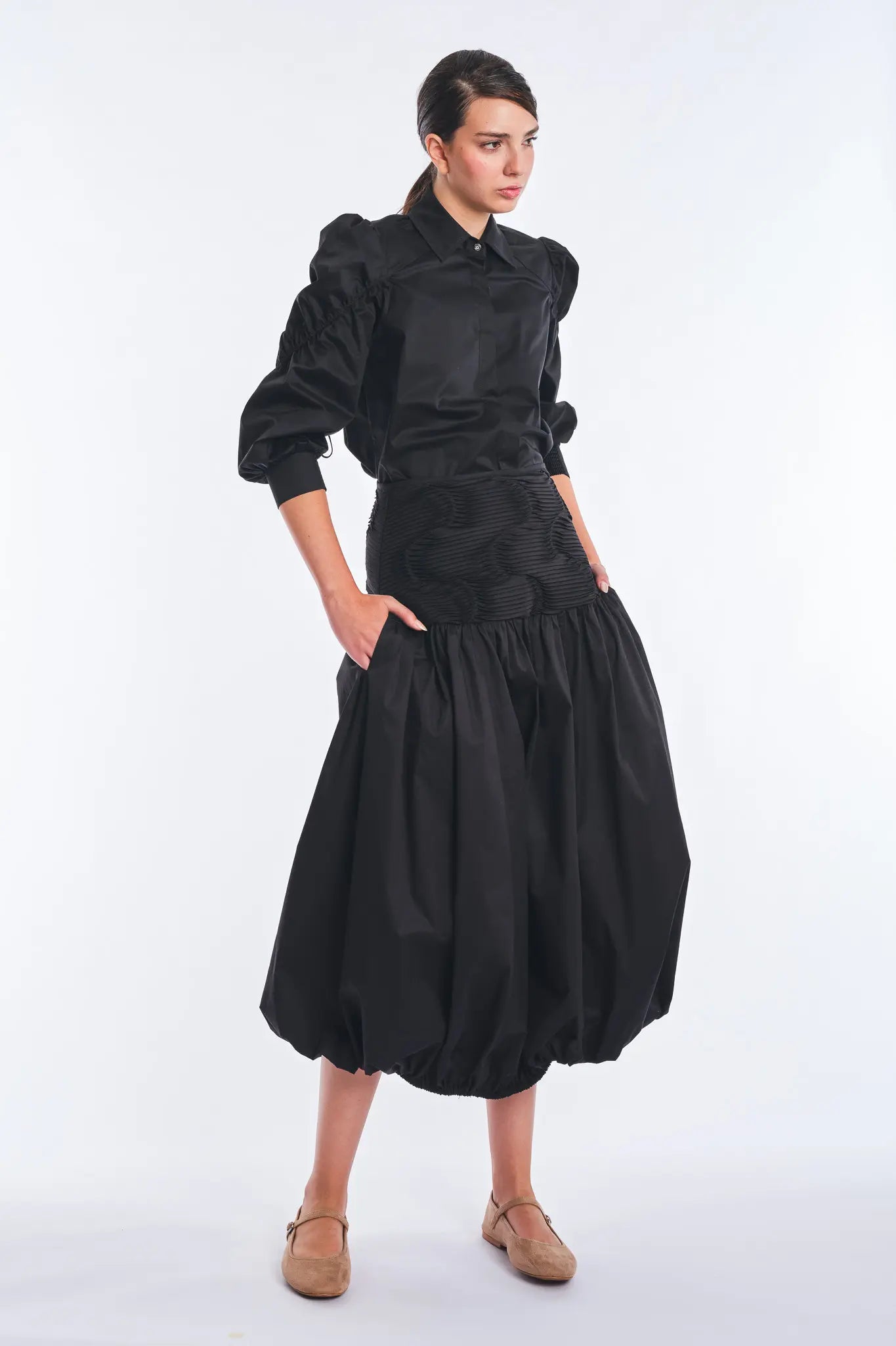 Bimba Cotton Balloon Midi Skirt | Black