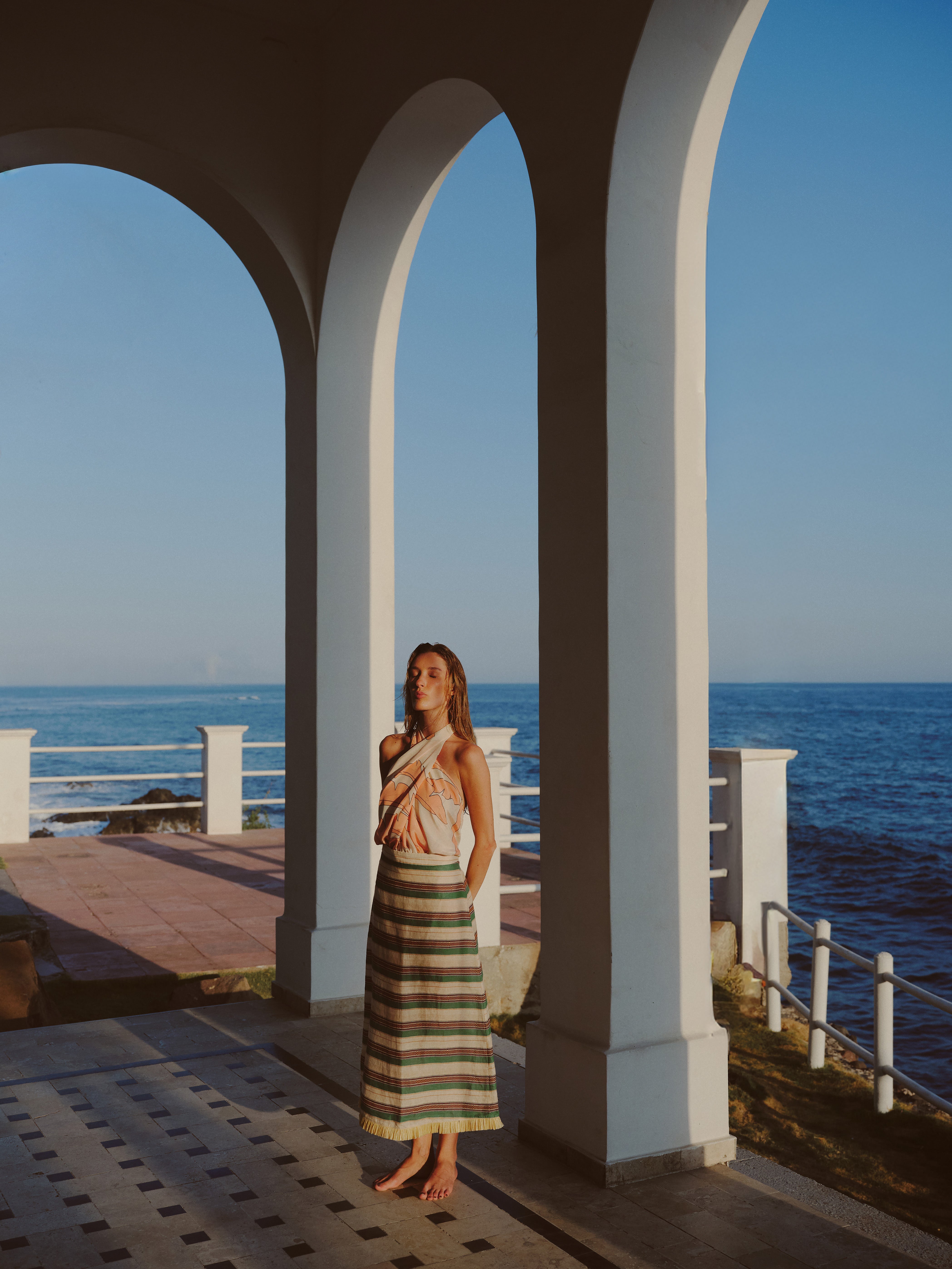 El Carmelo Linen Midi Skirt / Green Artisanal Stripes