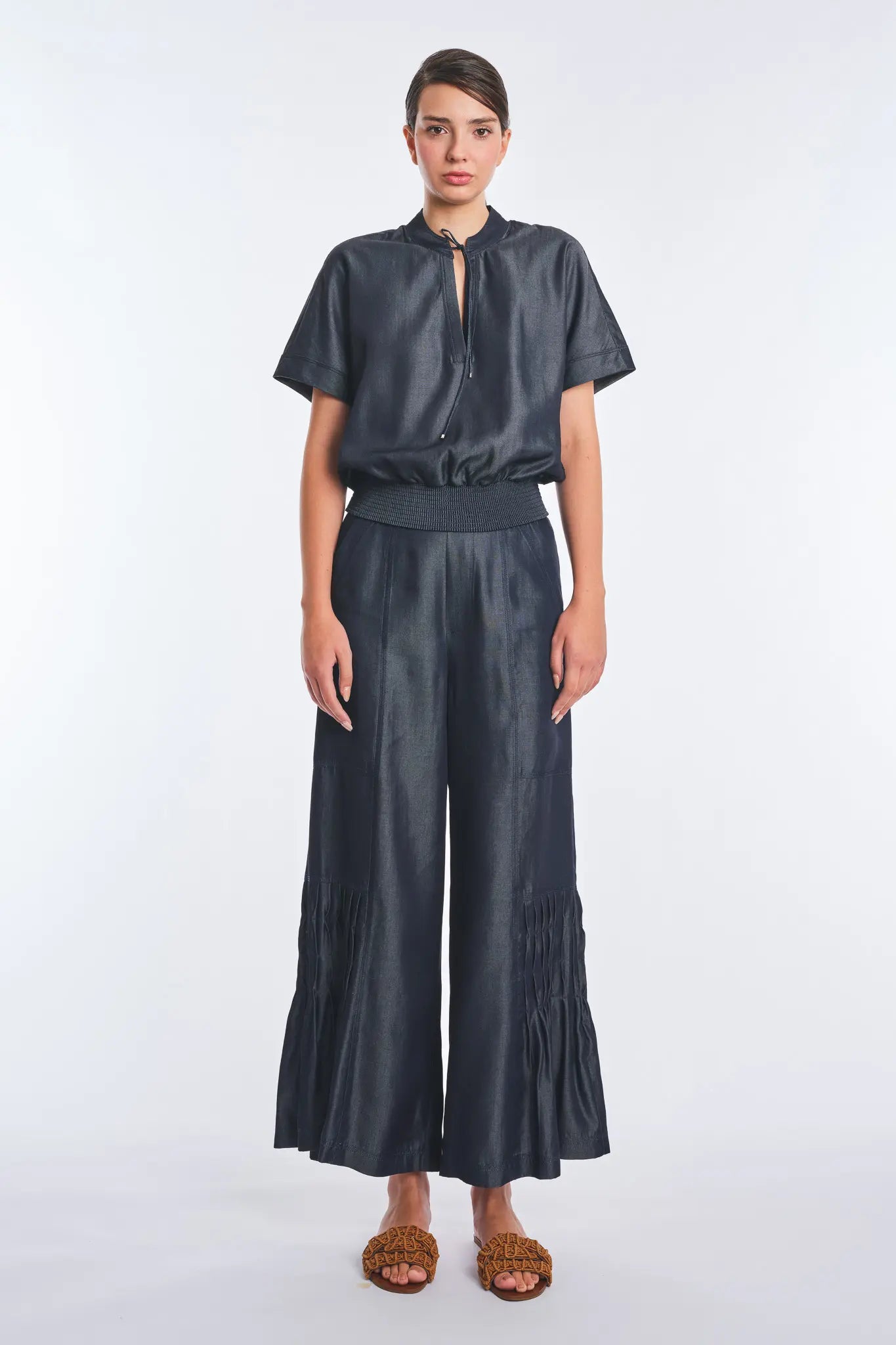 Felicity Denim Tencel Tie-Front Blouse | Navy