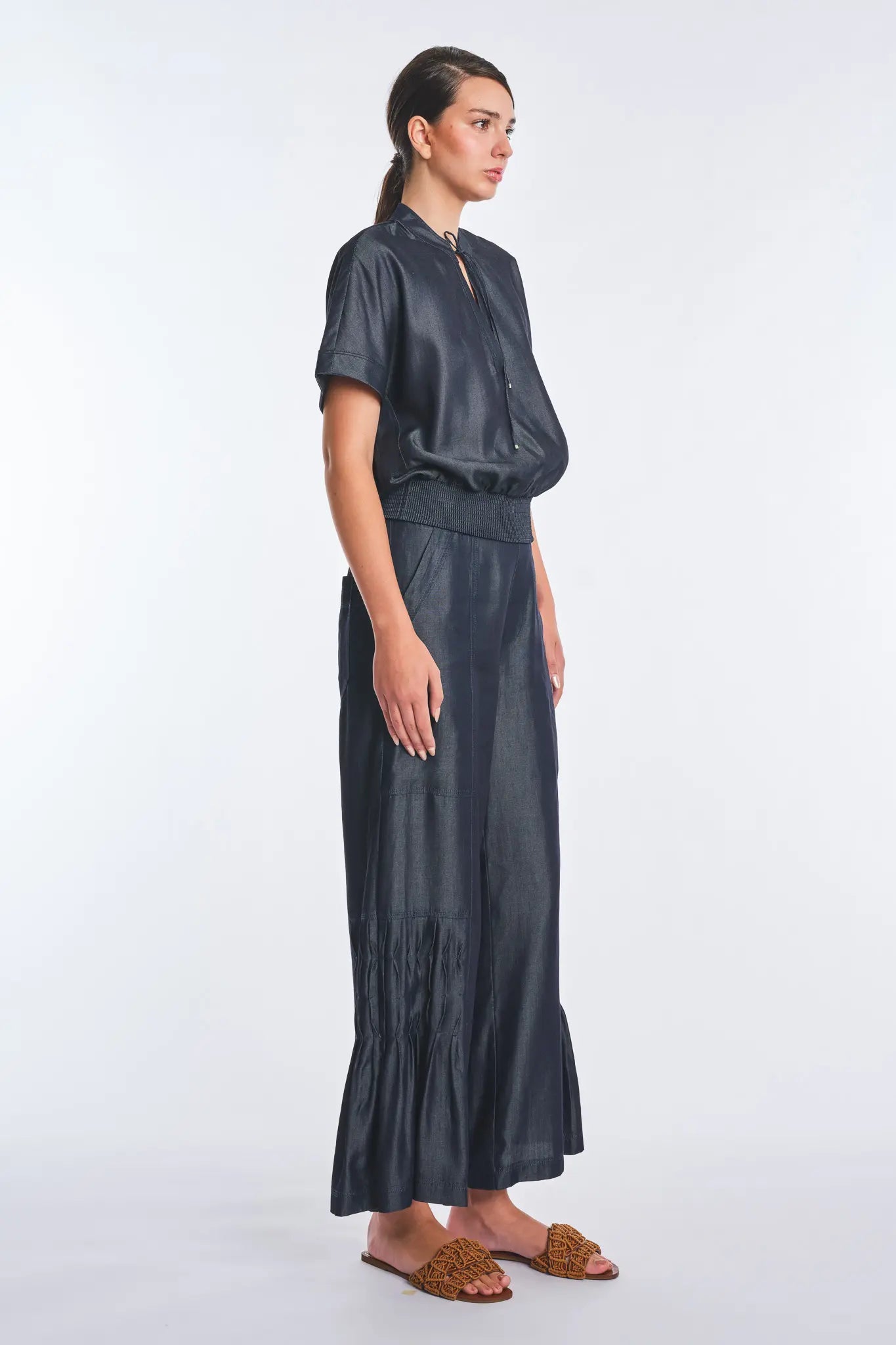 Felicity Denim Tencel Tie-Front Blouse | Navy