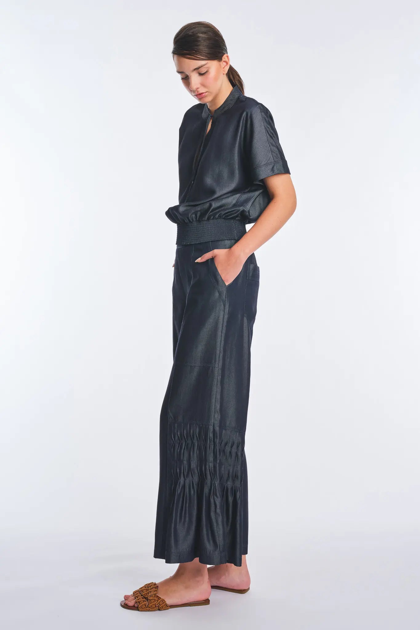 Felicity Denim Tencel Tie-Front Blouse | Navy