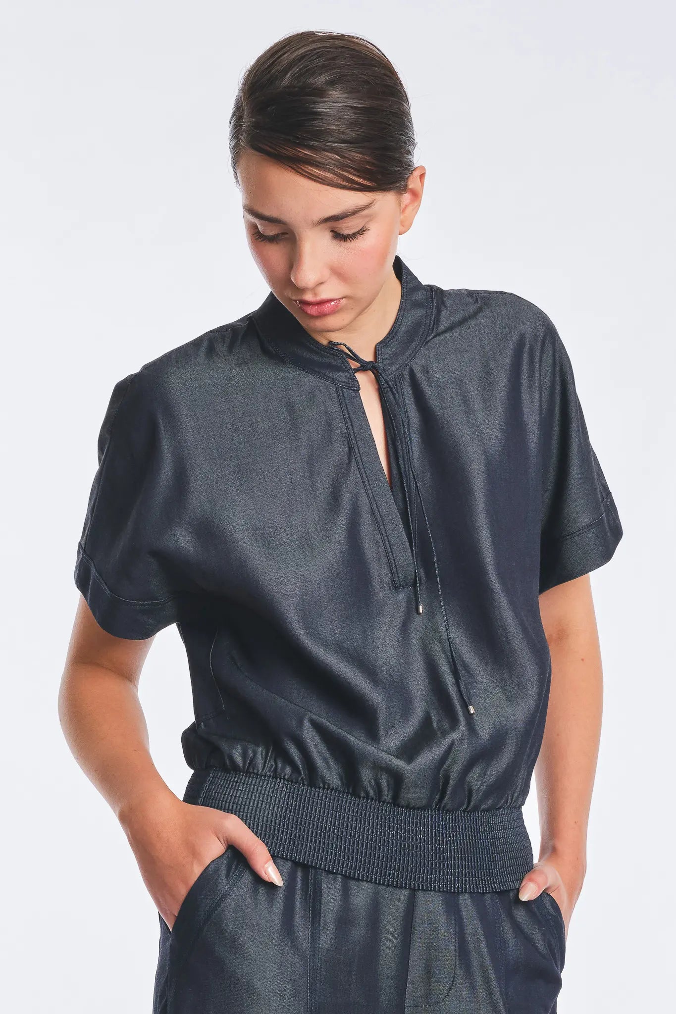 Felicity Denim Tencel Tie-Front Blouse | Navy