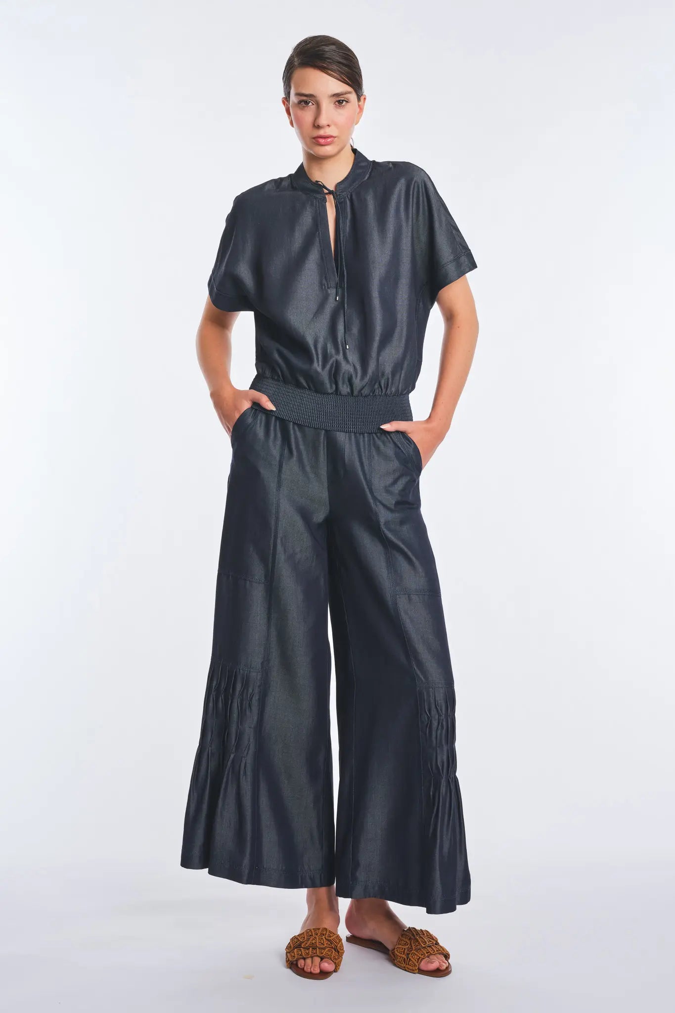Felicity Denim Tencel Tie-Front Blouse | Navy