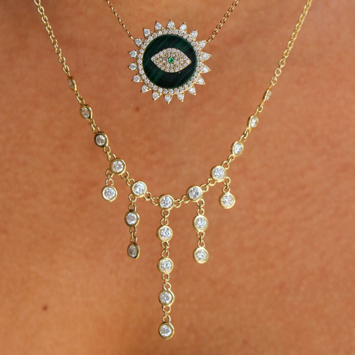 Gold Bezel Diamond Graduated Five Drop Necklace