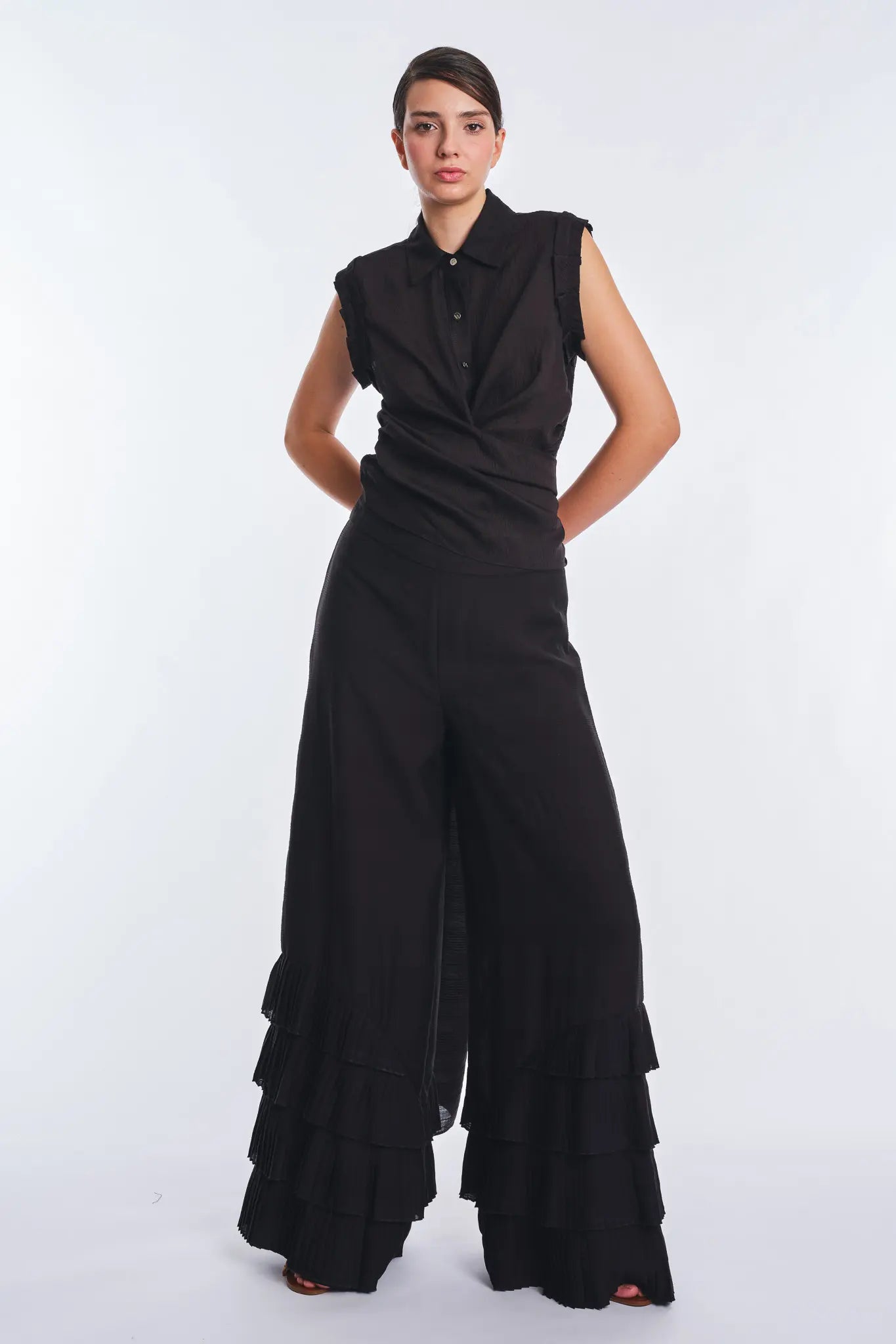 Harlow Wide-Leg Pant with Ruffle Hem | Black