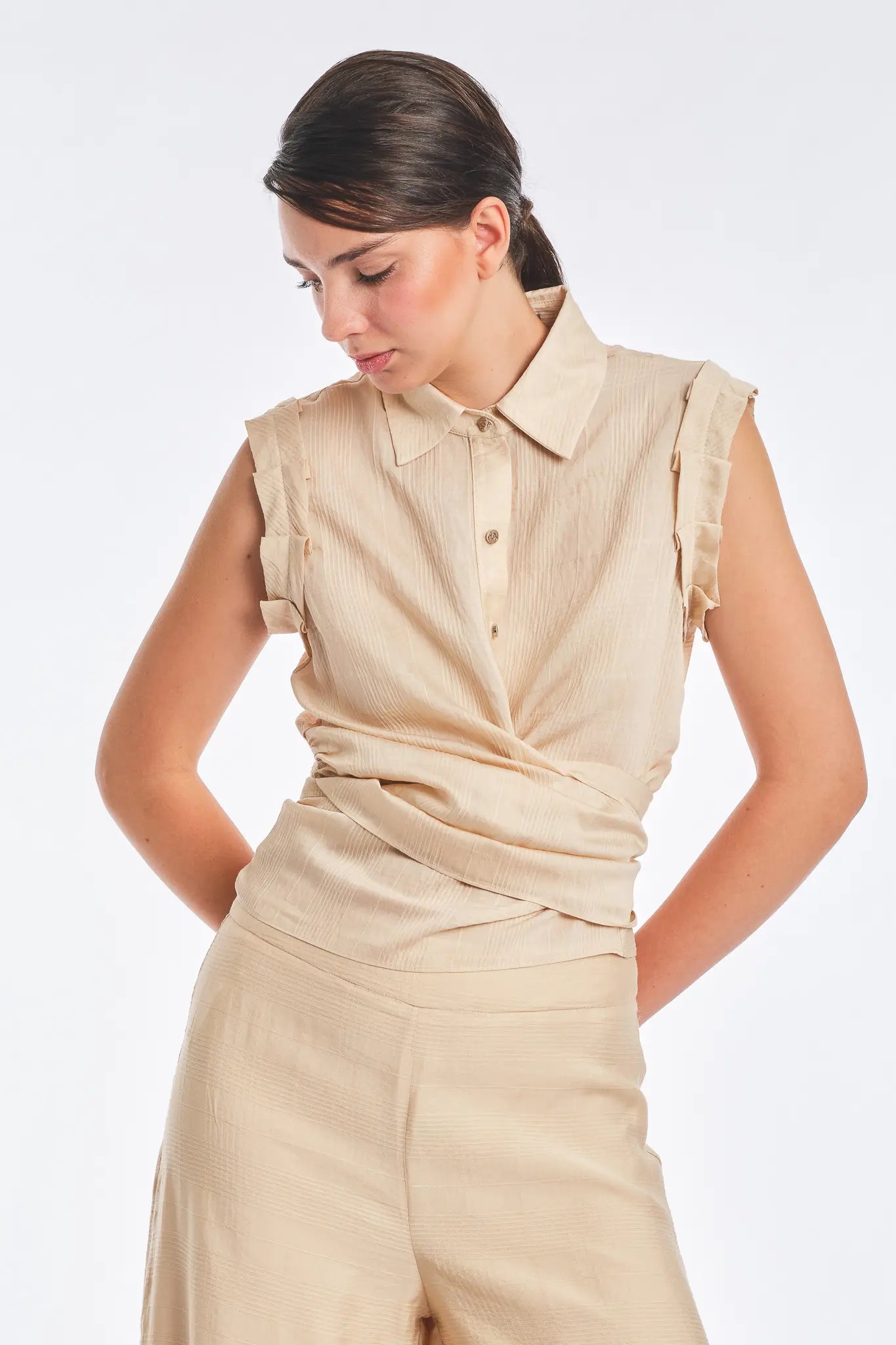 Harlow Sleeveless Wrap Blouse | Vanilla