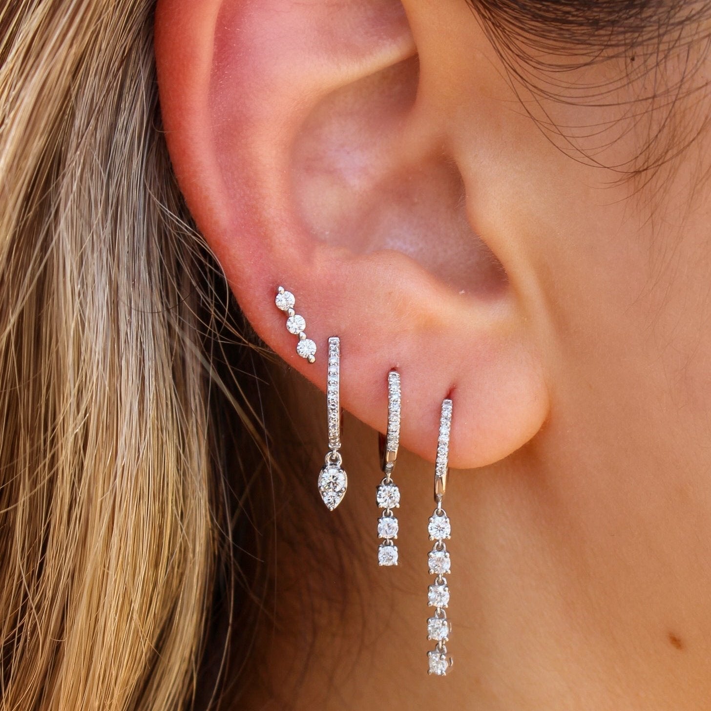 Gold Five Graduated Prong Diamond Hoop Earrings