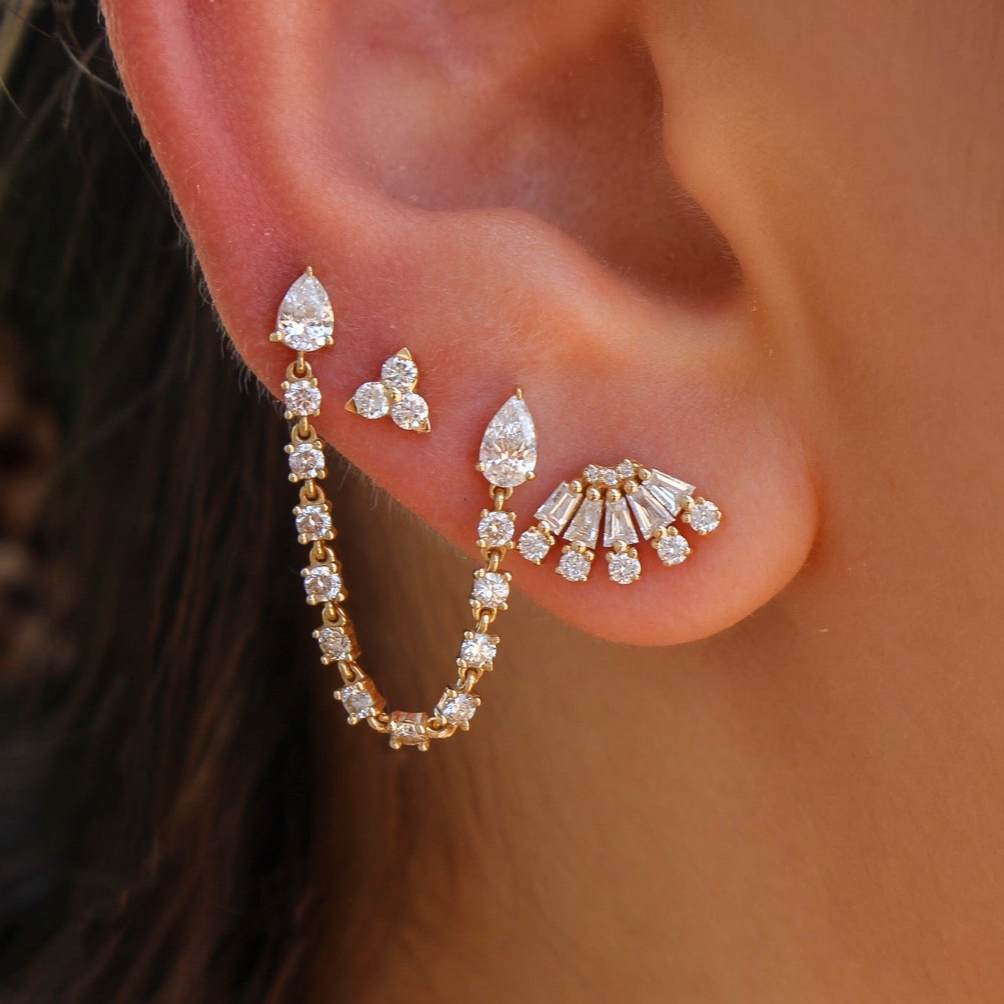 Gold Double Diamond Pear Connecting Earring