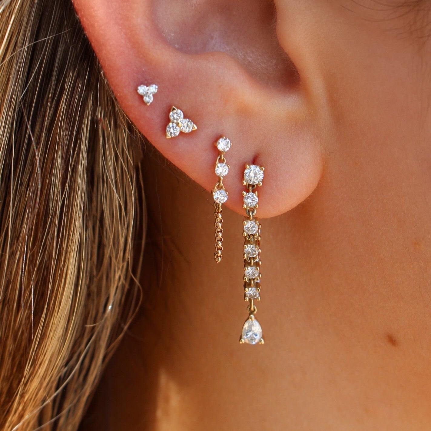 Gold Diamond Triple Prong Drop Loop Earring