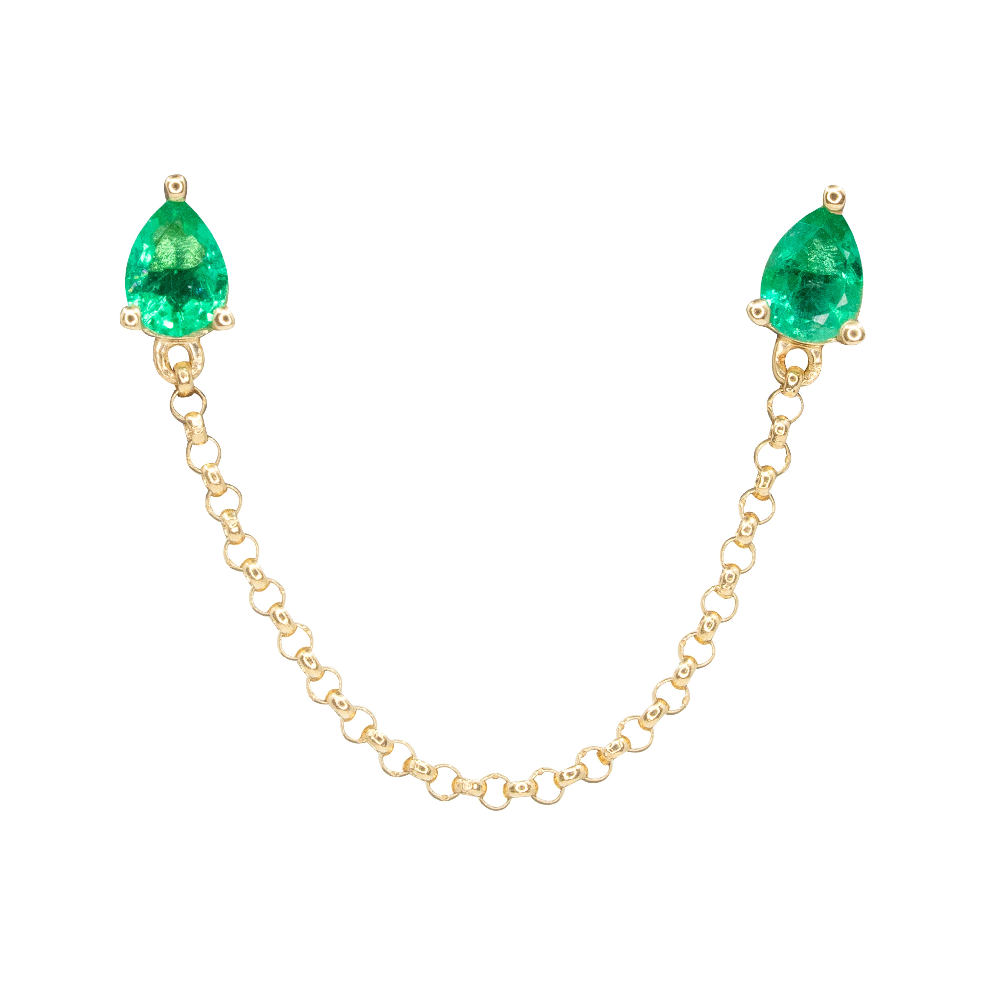 Gold Pear Emerald Connecting Chain Earring