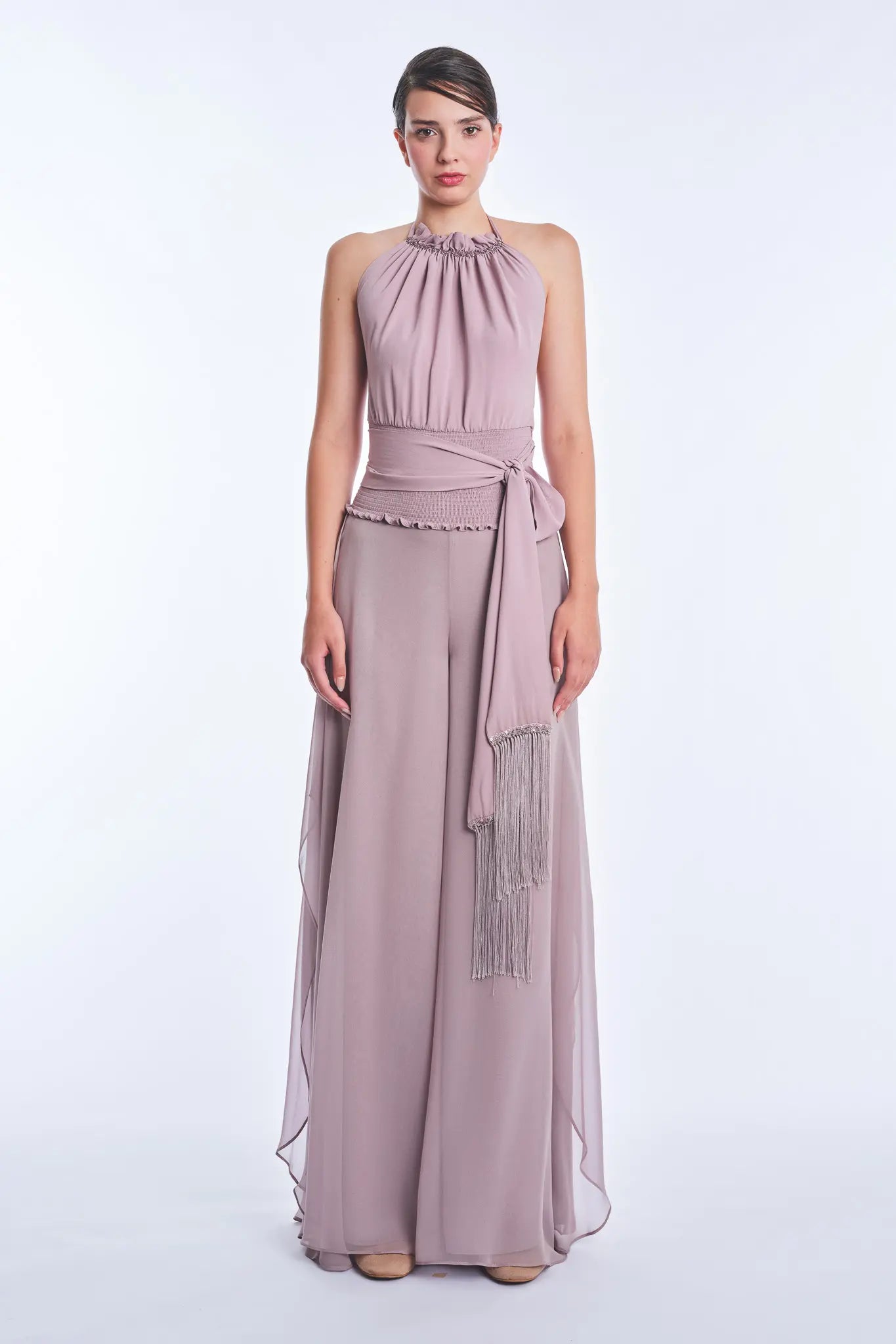Izenia Silk Halter Top with Beaded Detail | Lilac