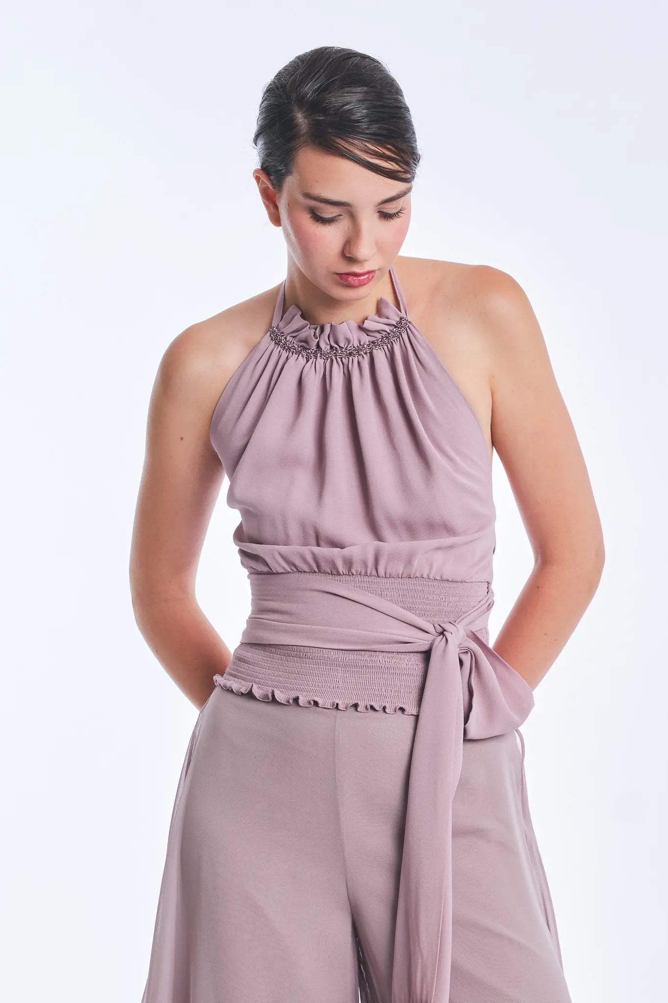 Izenia Silk Halter Top with Beaded Detail | Lilac