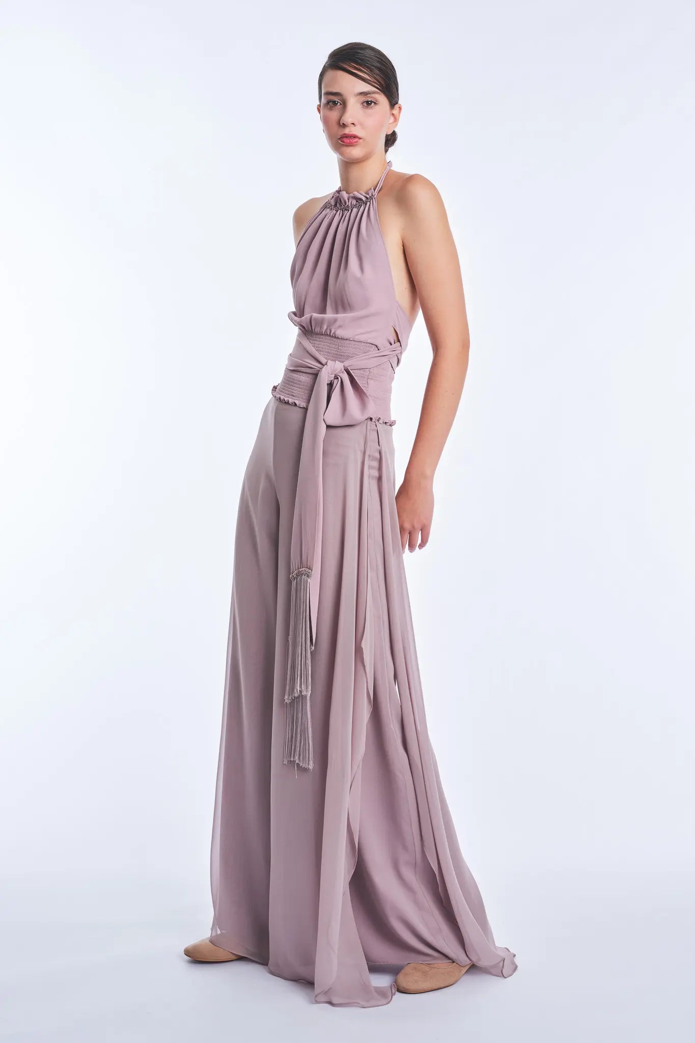 Izenia Silk Halter Top with Beaded Detail | Lilac