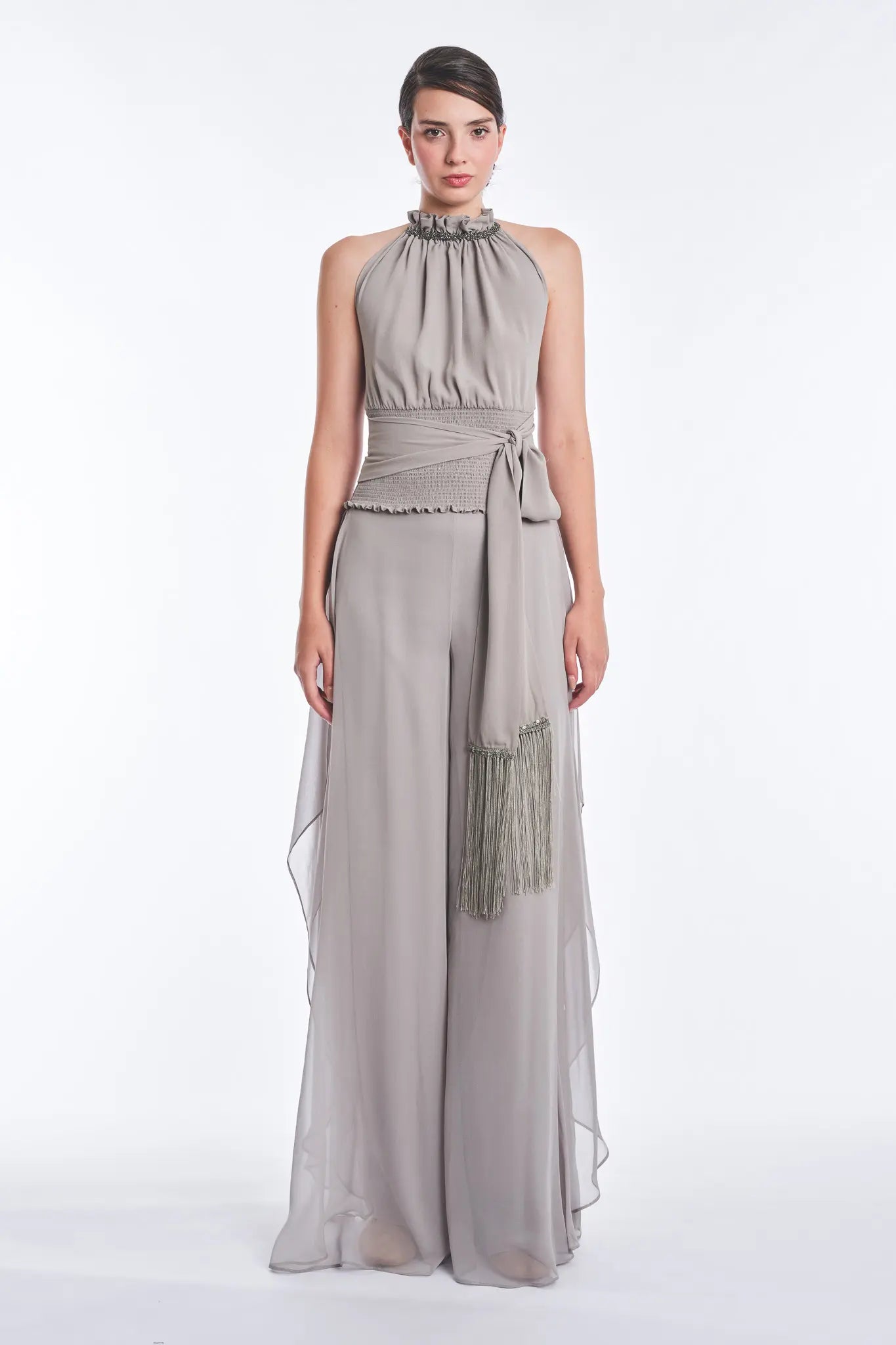 Izenia Silk Halter Top with Beaded Detail | Silver