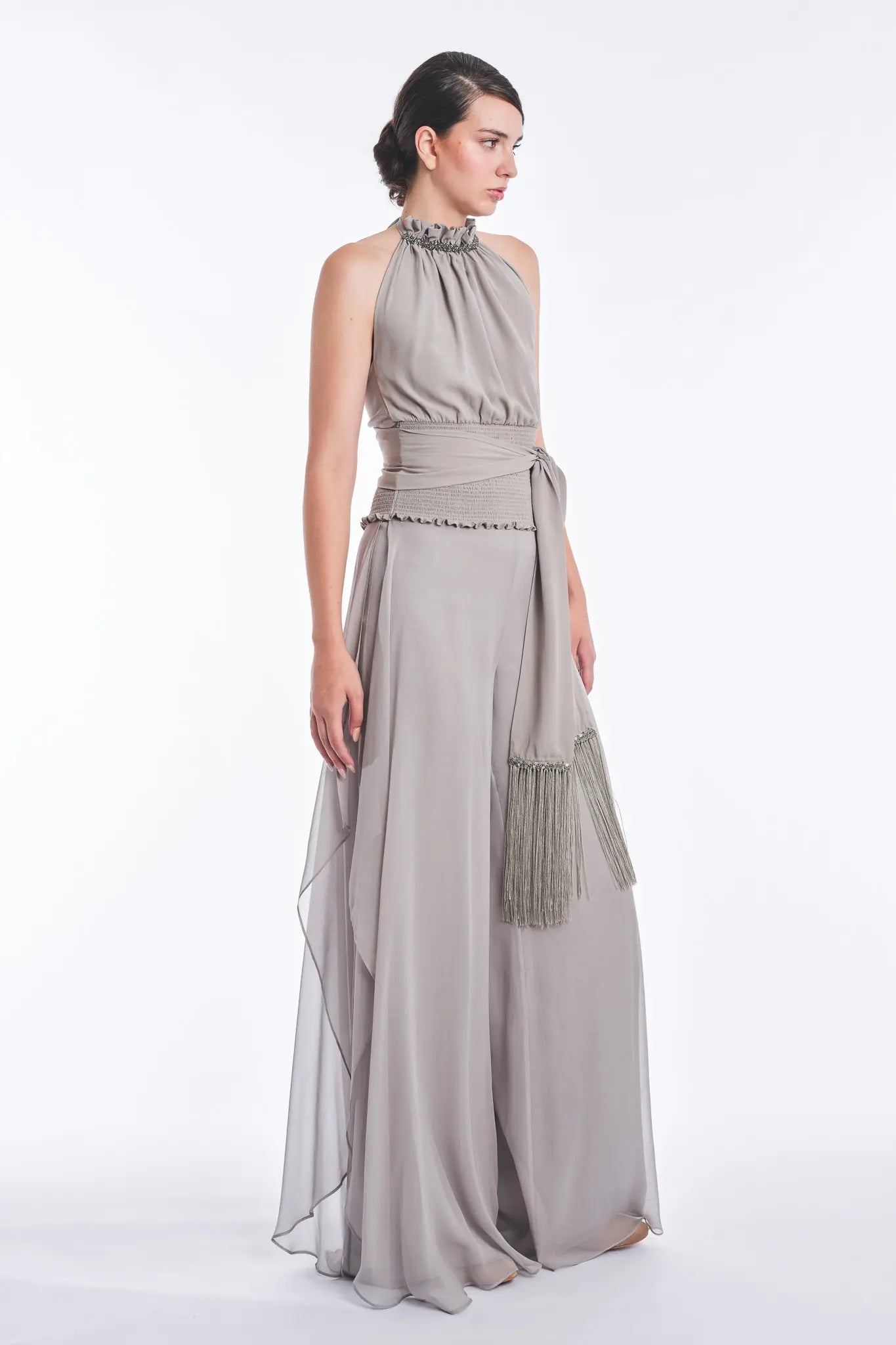 Izenia Silk Halter Top with Beaded Detail | Silver