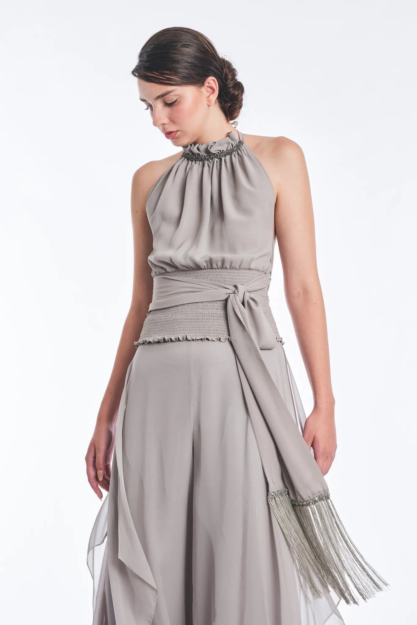 Izenia Silk Halter Top with Beaded Detail | Silver