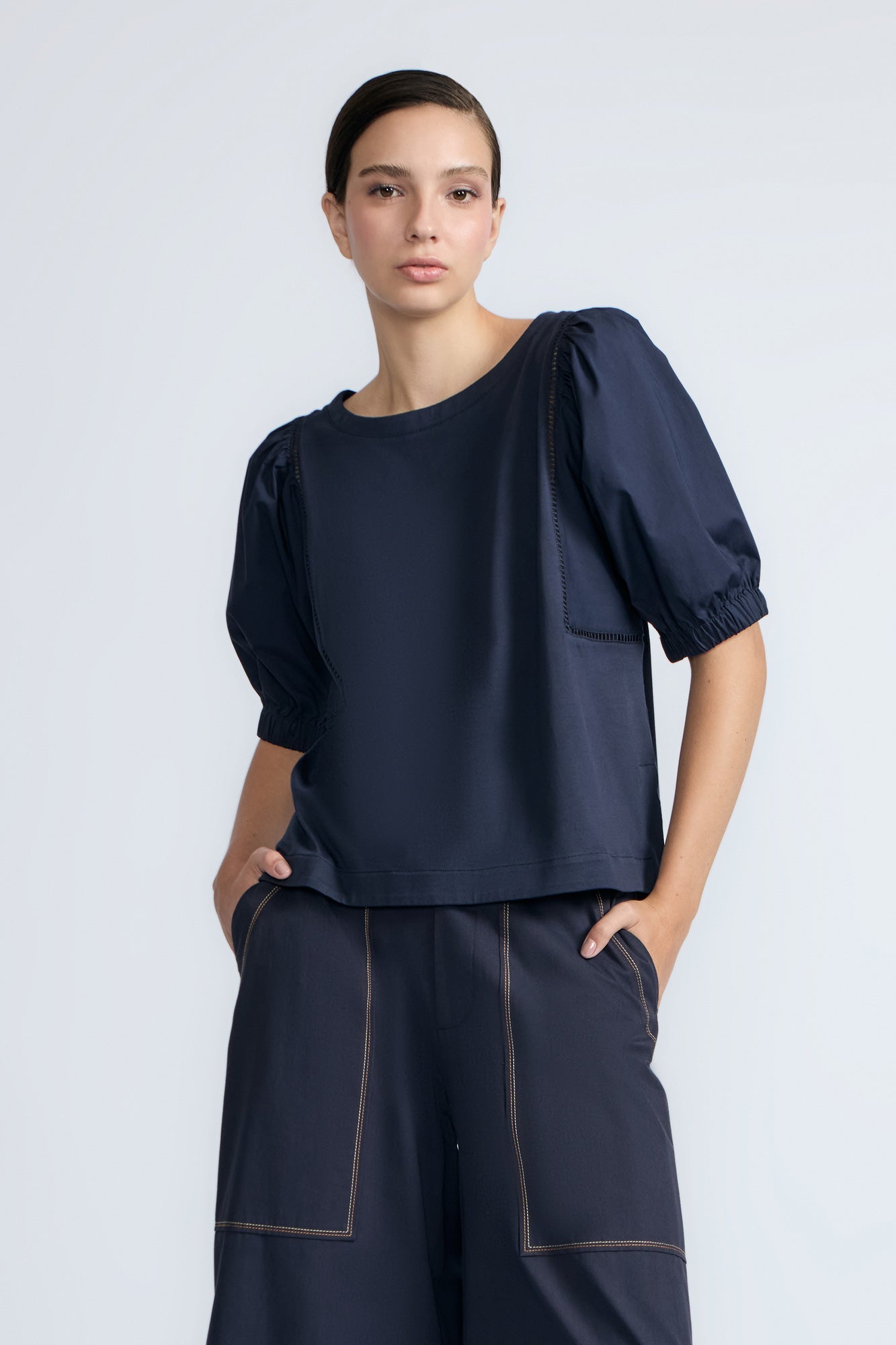 Jamie Textured Cotton Top | Navy