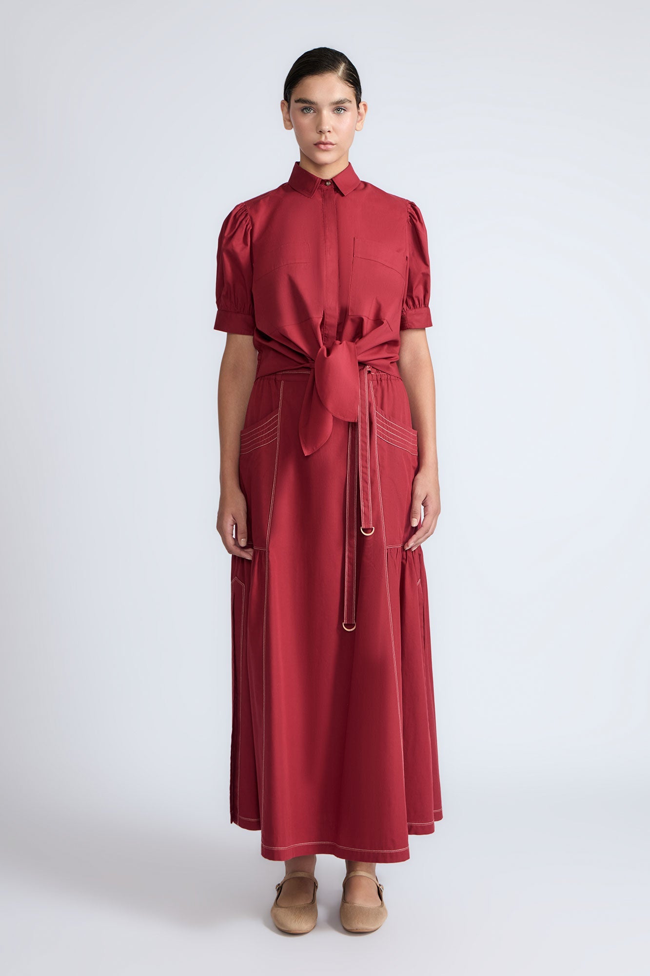Josie Tie-Waist Cotton Blouse | Wine