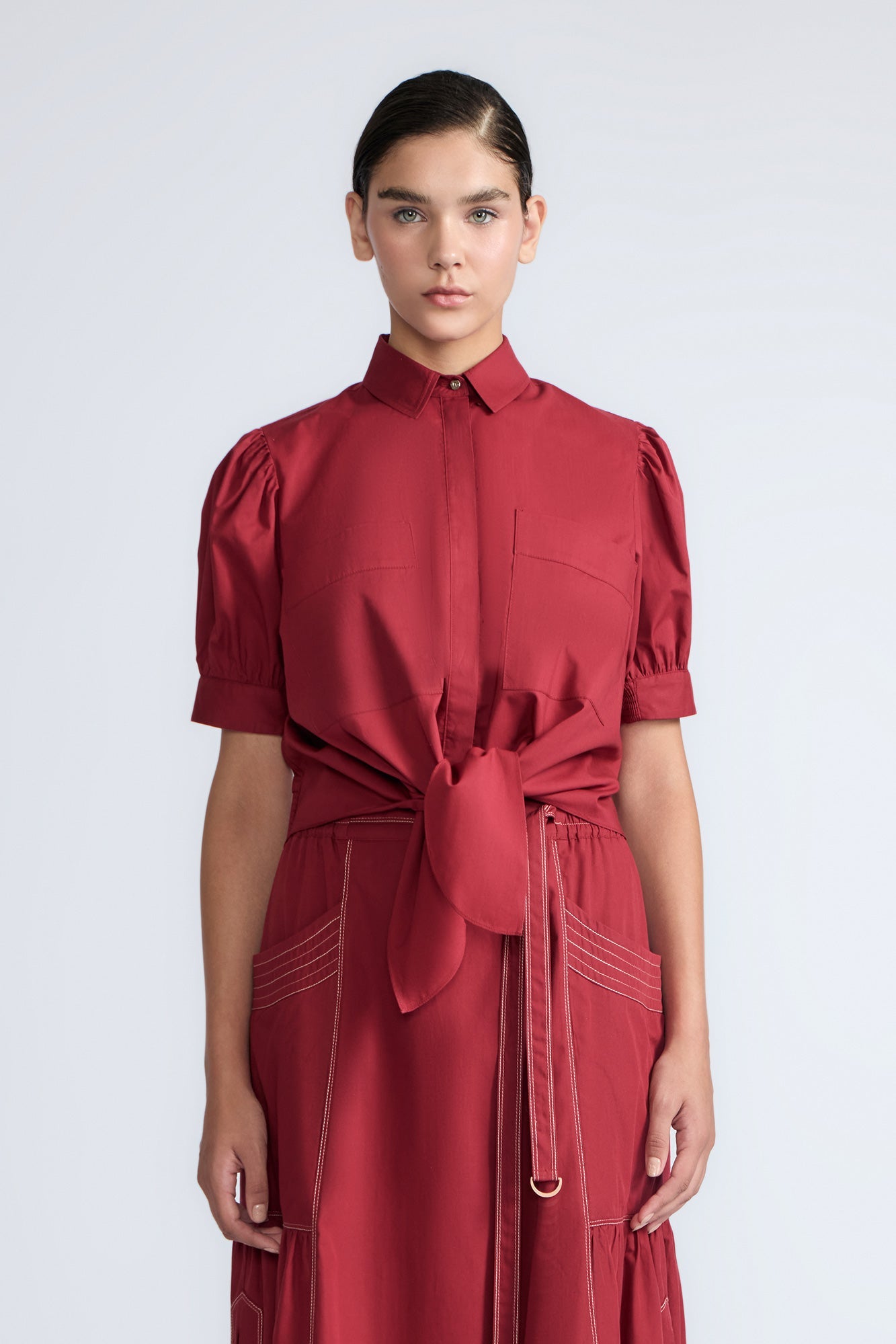 Josie Tie-Waist Cotton Blouse | Wine