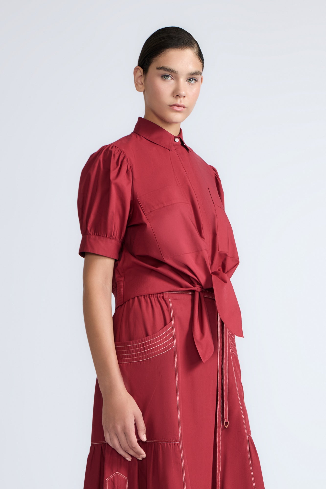 Josie Tie-Waist Cotton Blouse | Wine