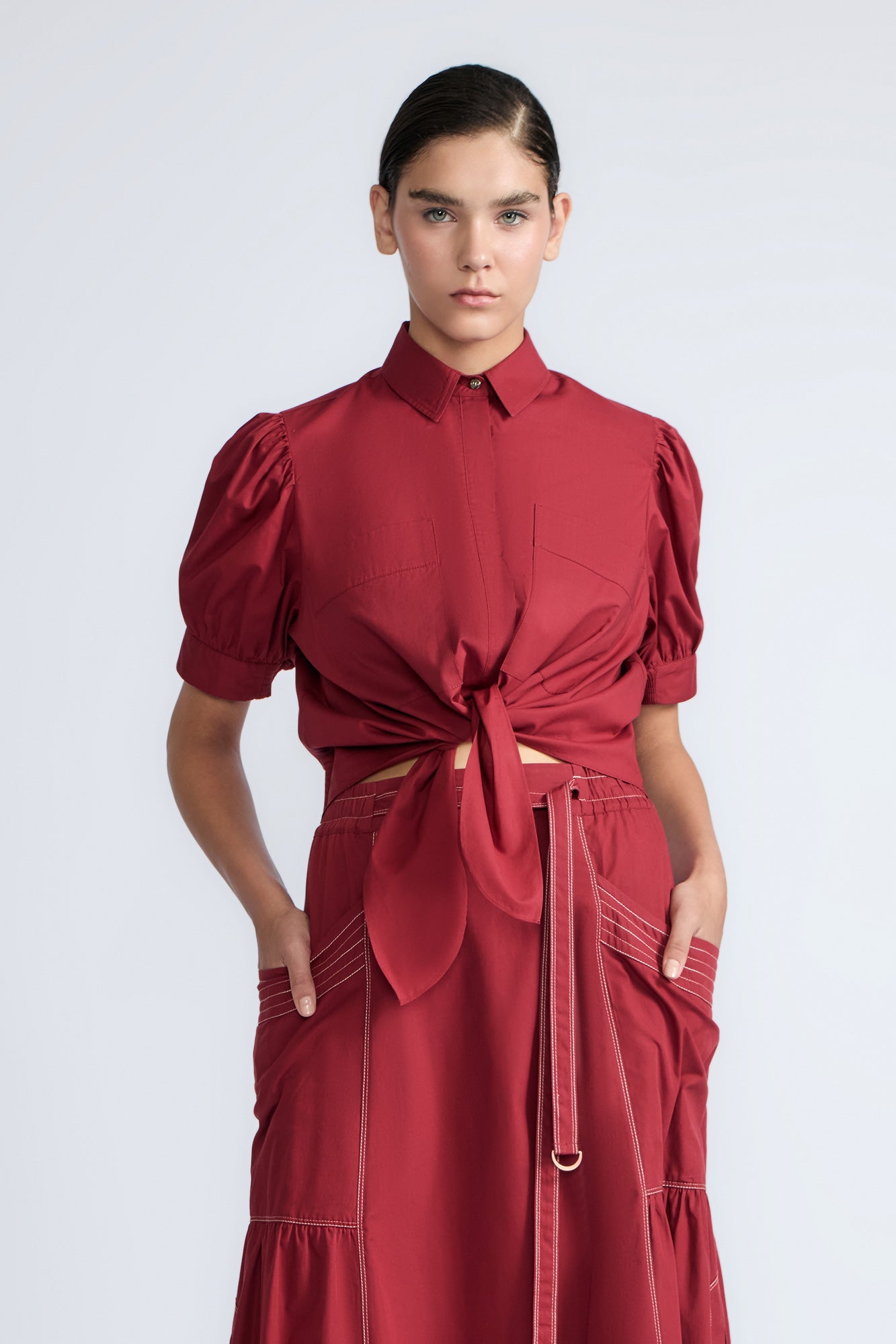 Josie Tie-Waist Cotton Blouse | Wine