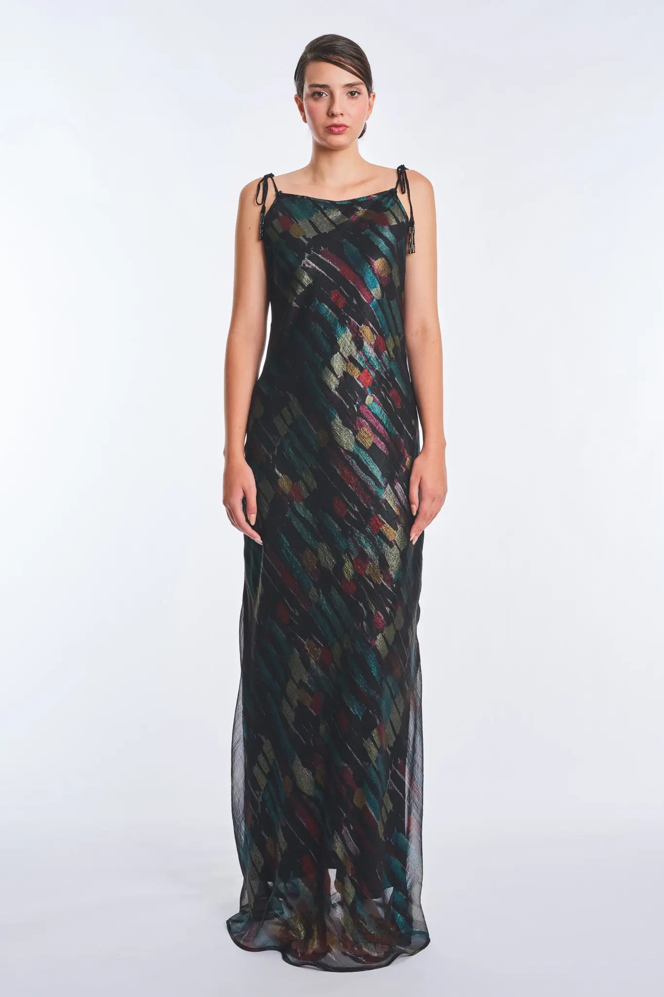 Luhana Maxi Dress with Crochet Tie Details | Print Black