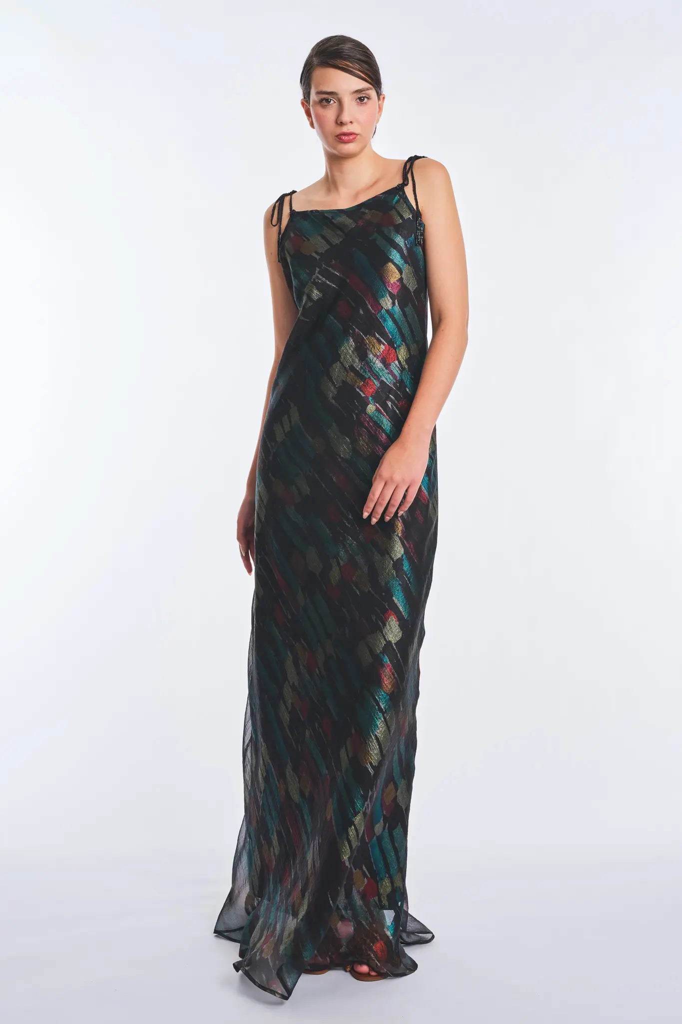 Luhana Maxi Dress with Crochet Tie Details | Print Black