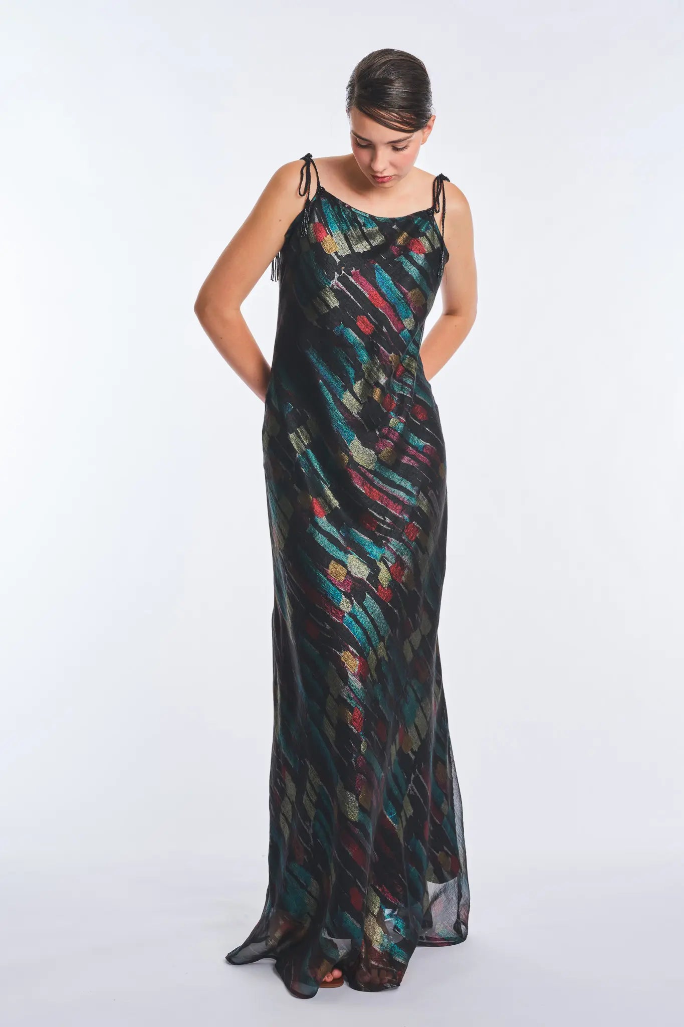 Luhana Maxi Dress with Crochet Tie Details | Print Black