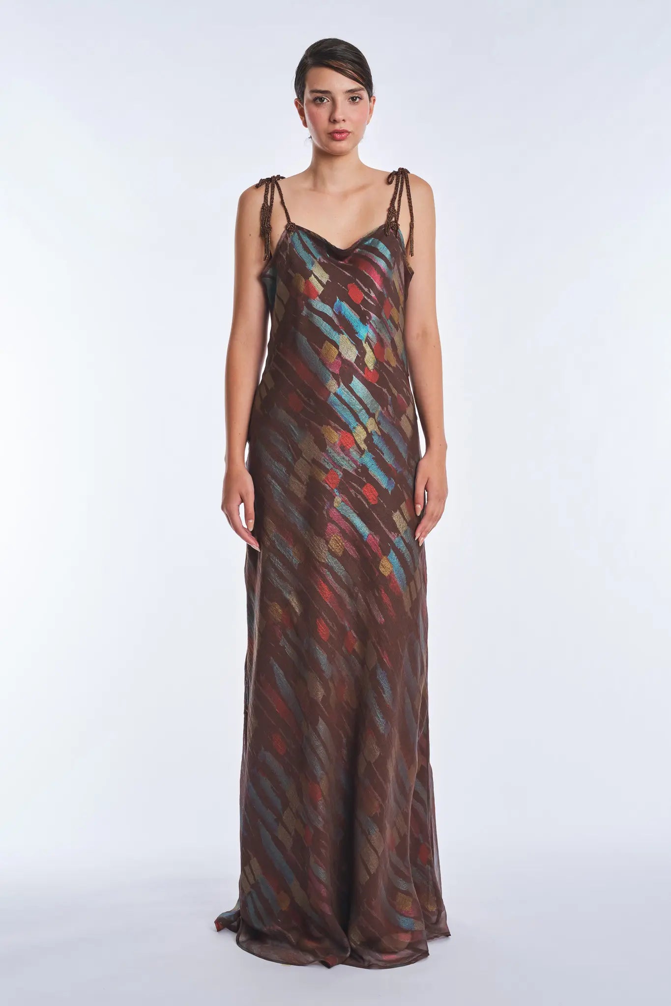 Luhana Maxi Dress with Crochet Tie Details | Print Brown