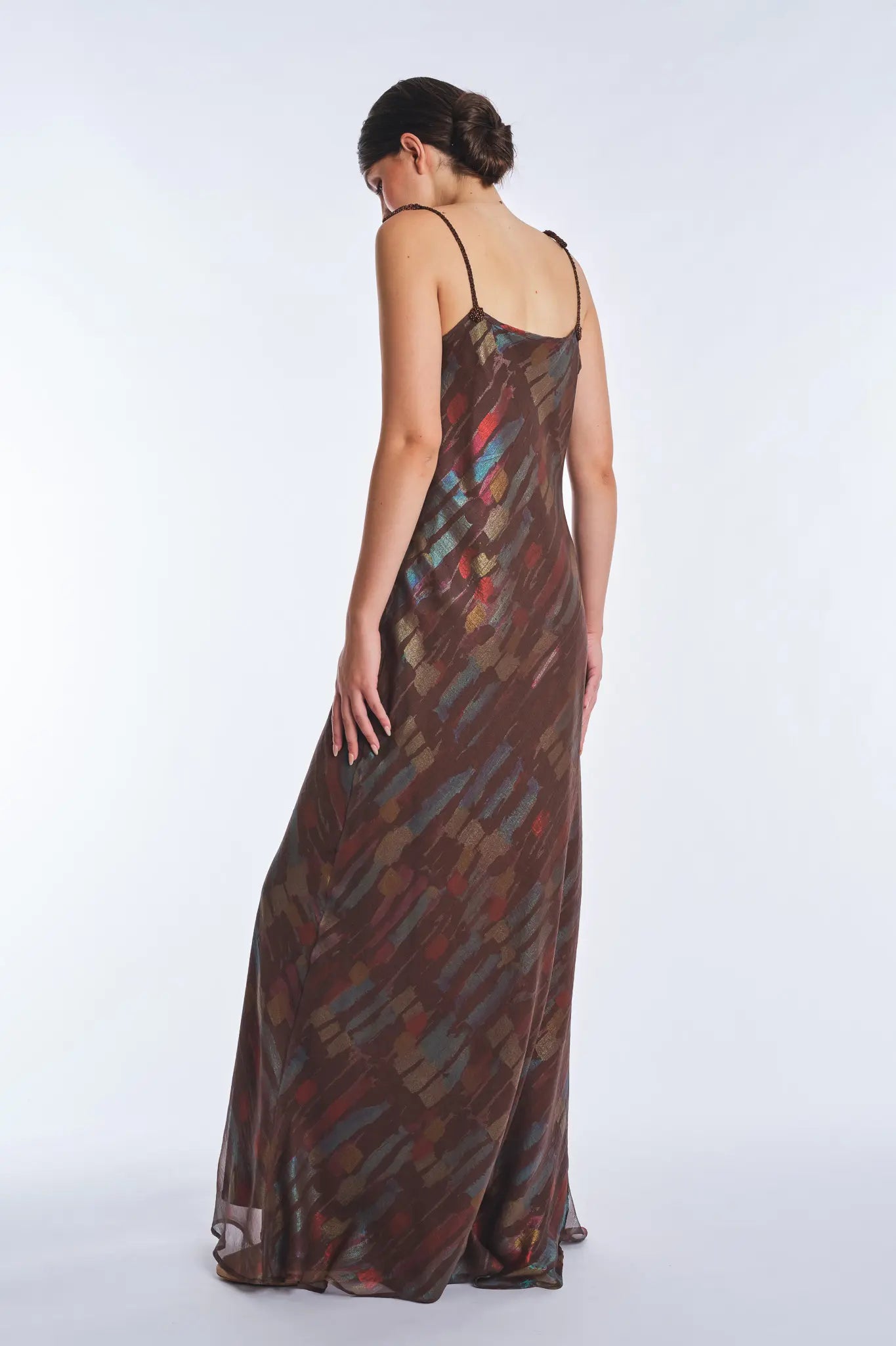 Luhana Maxi Dress with Crochet Tie Details | Print Brown