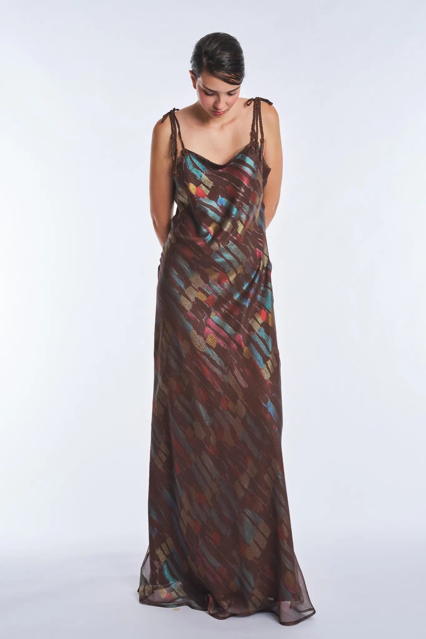 Luhana Maxi Dress with Crochet Tie Details | Print Brown
