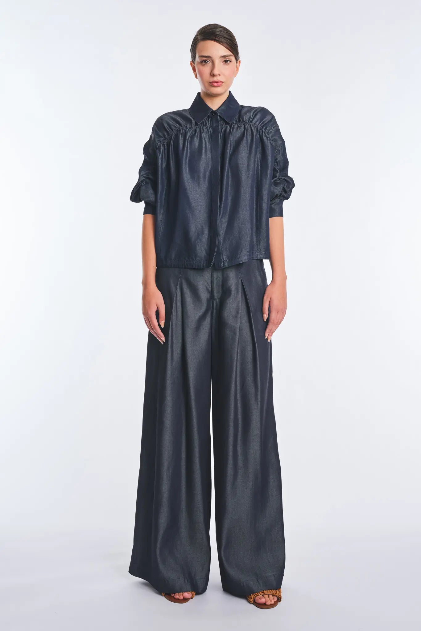 Morgana Denim Tencel Collared Blouse | Navy