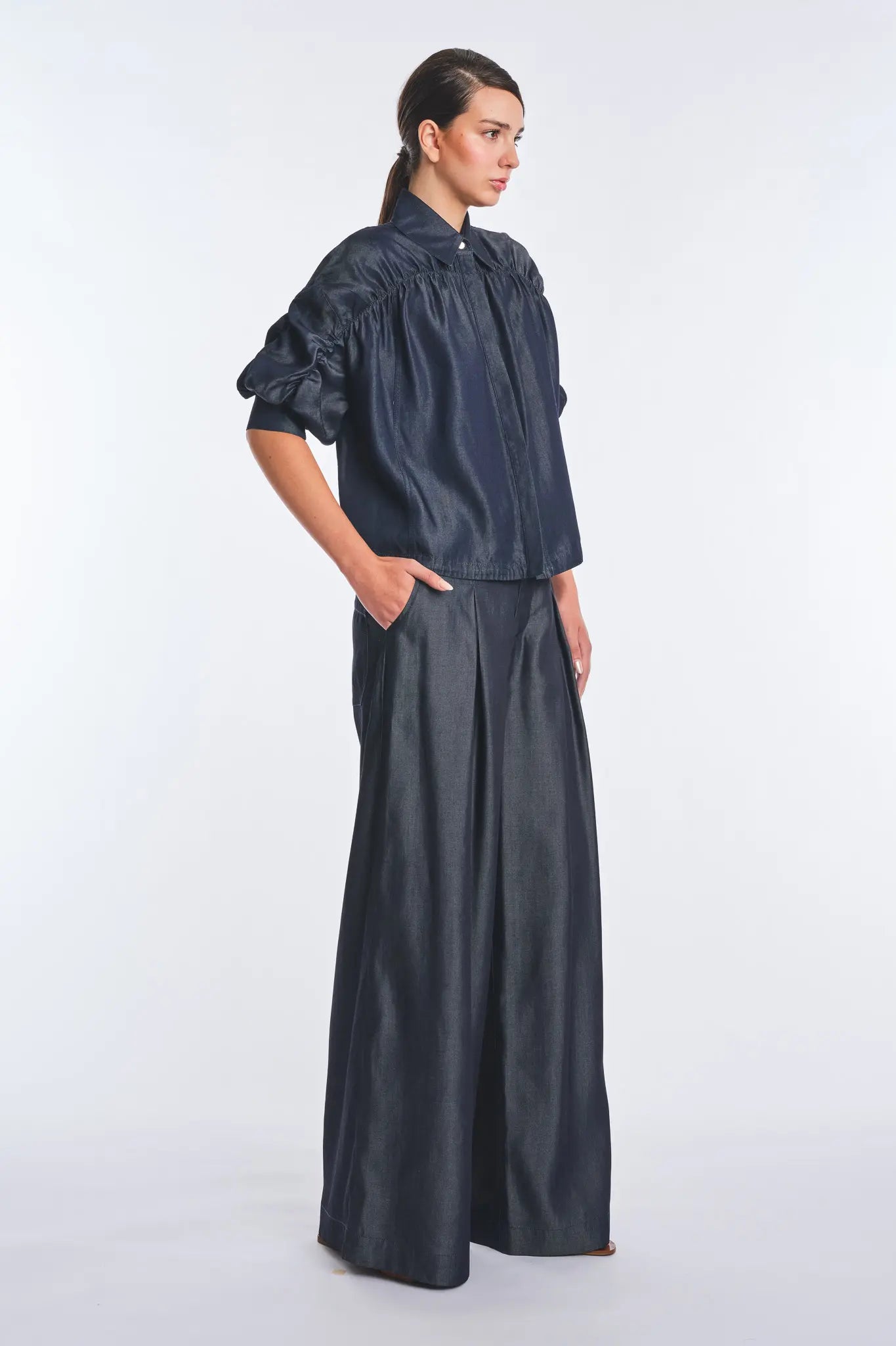 Morgana Denim Tencel Collared Blouse | Navy