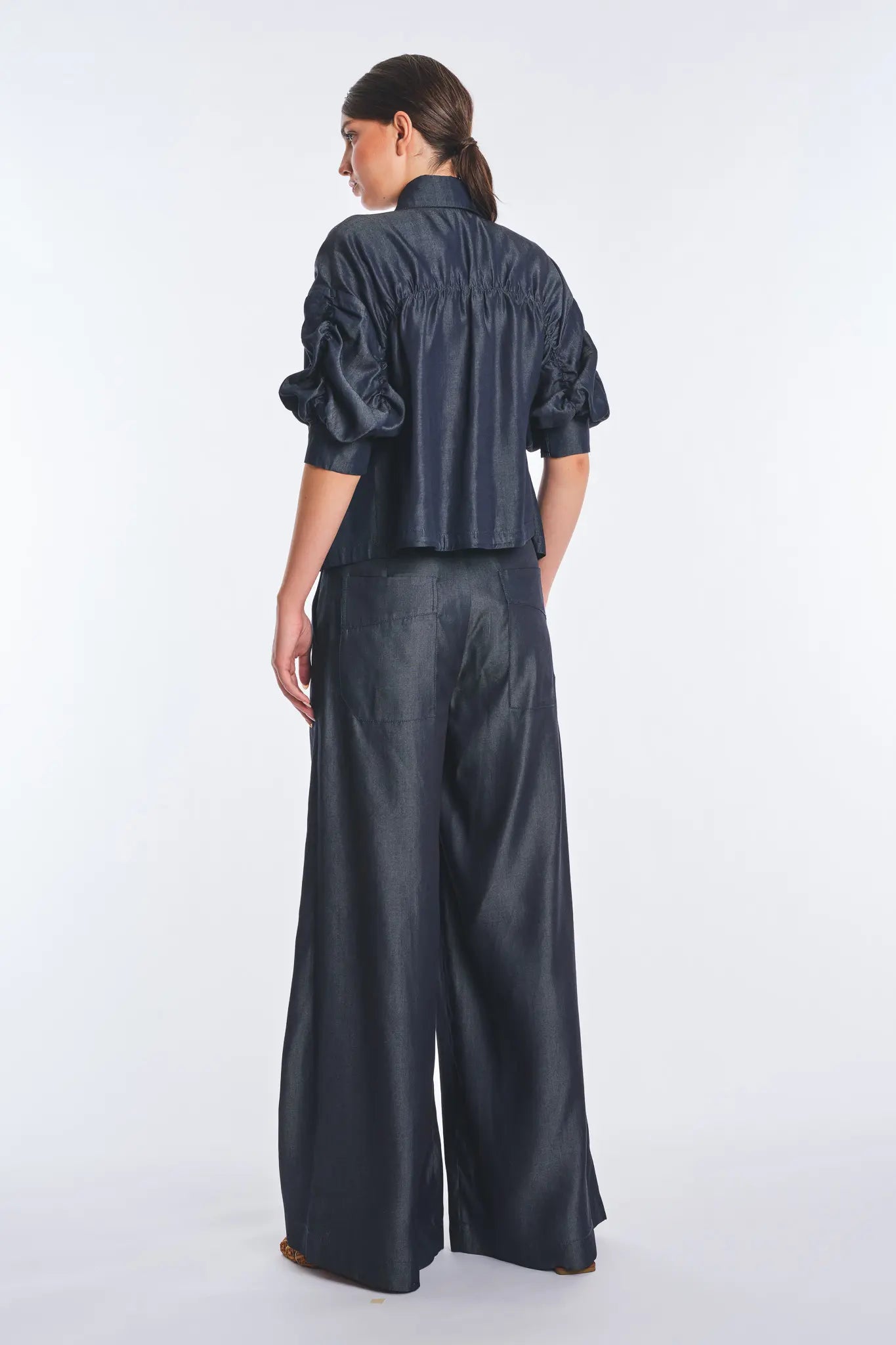Morgana Denim Tencel Collared Blouse | Navy