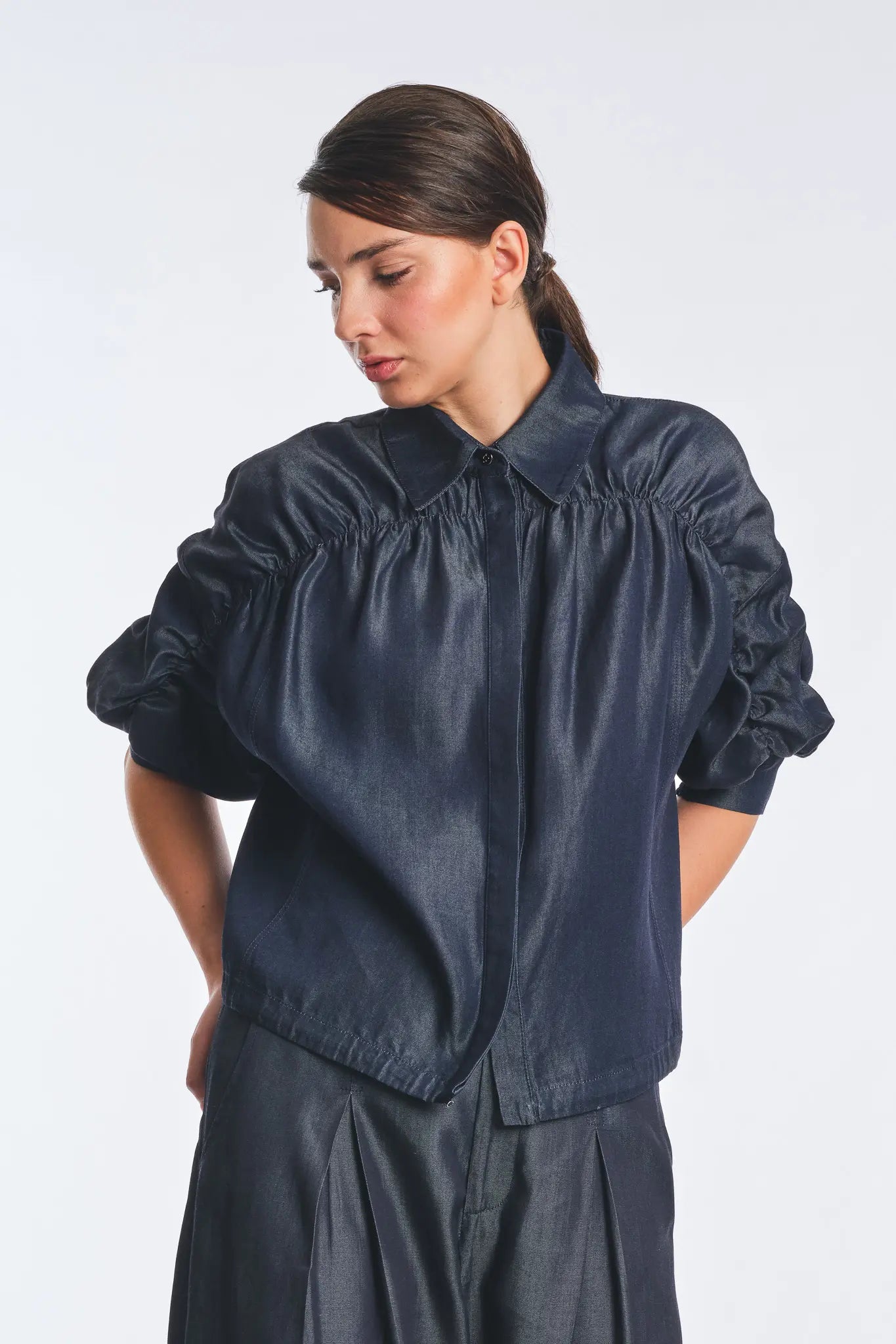 Morgana Denim Tencel Collared Blouse | Navy