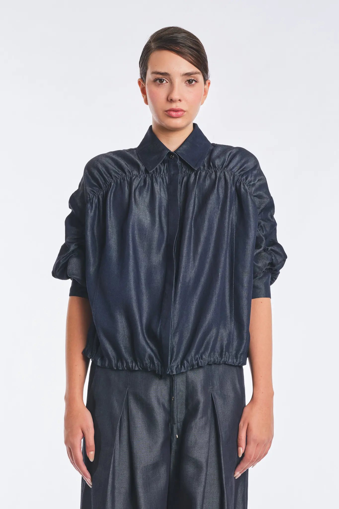 Morgana Denim Tencel Collared Blouse | Navy