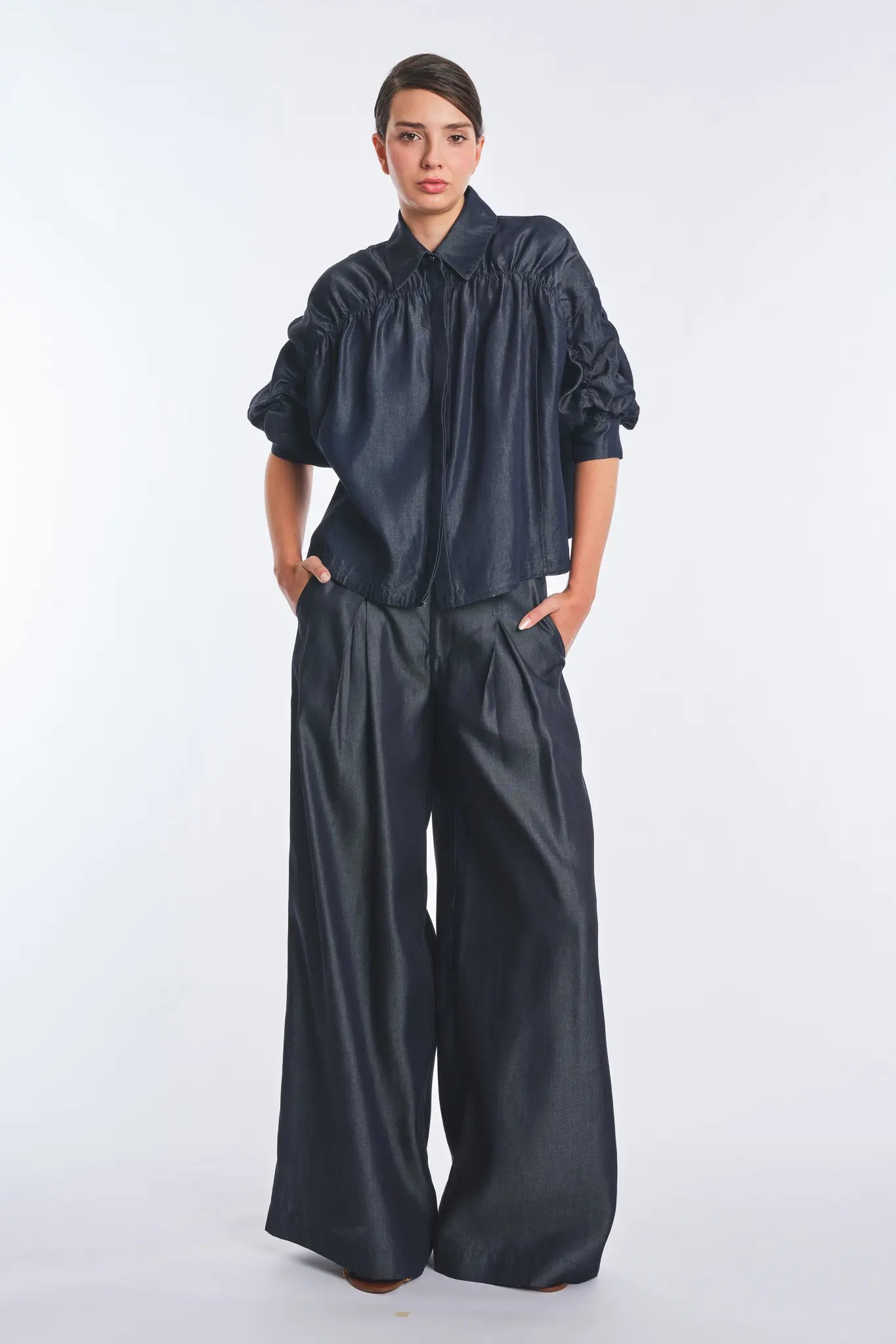 Morgana Denim Tencel Collared Blouse | Navy