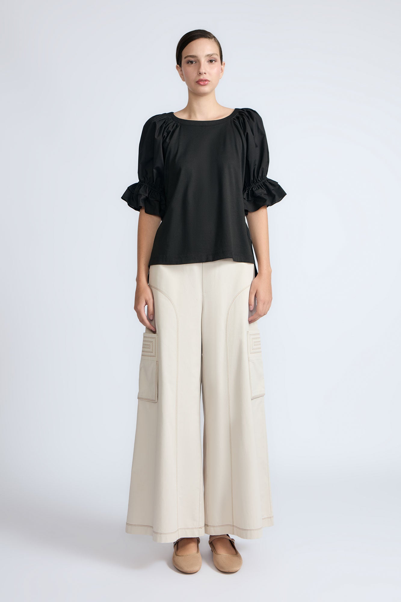 Nery Balloon Sleeve Cotton Top | Black