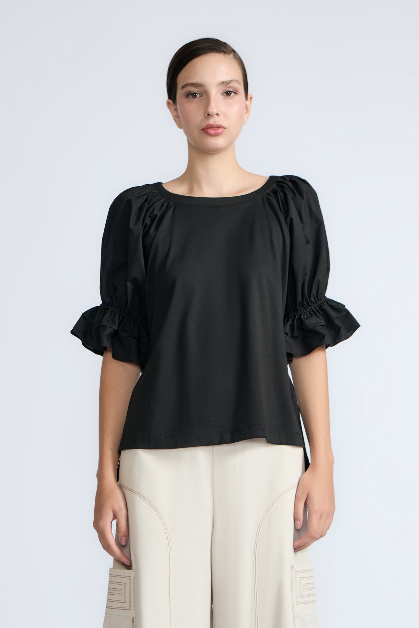 Nery Balloon Sleeve Cotton Top | Black