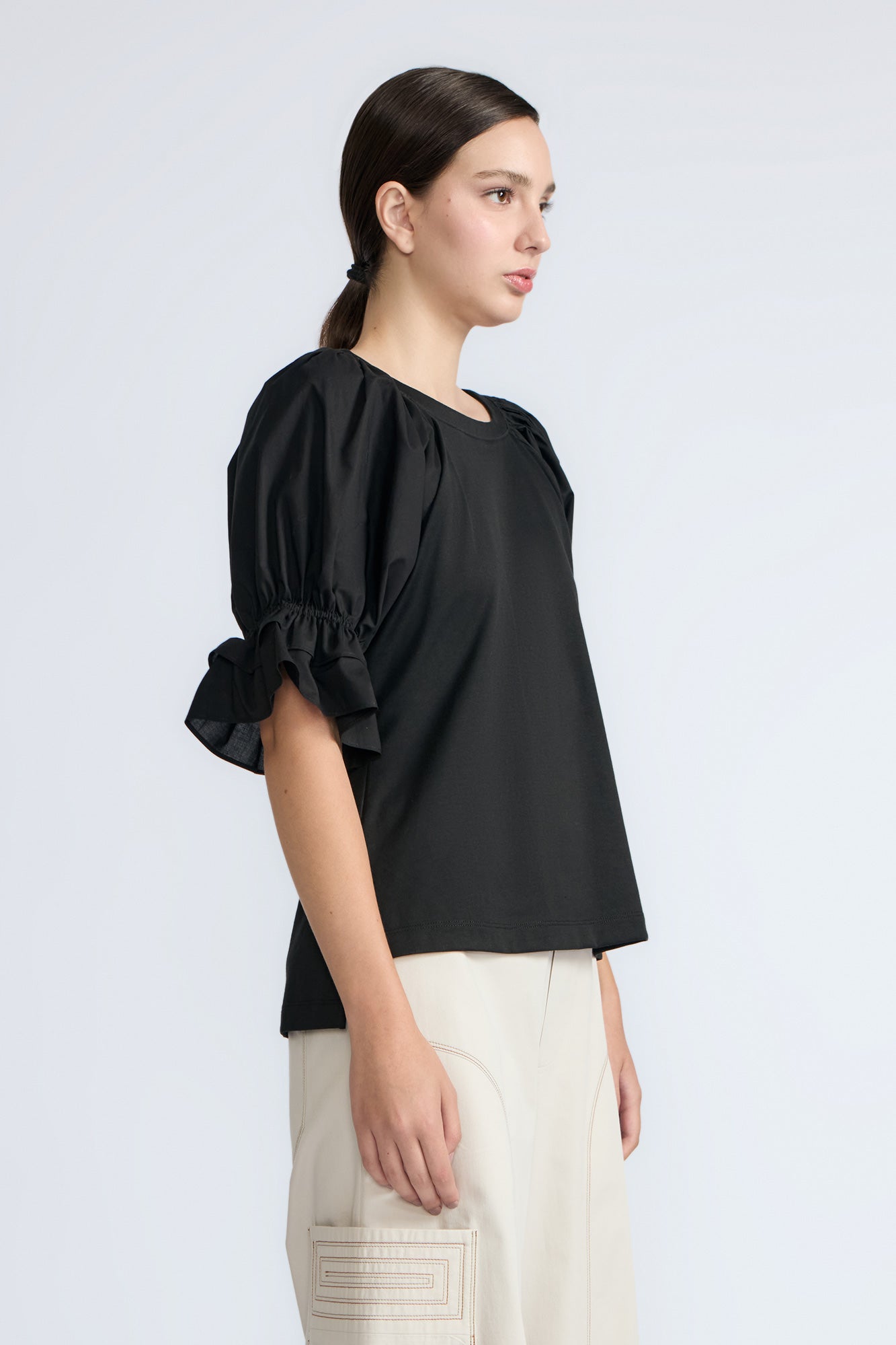 Nery Balloon Sleeve Cotton Top | Black