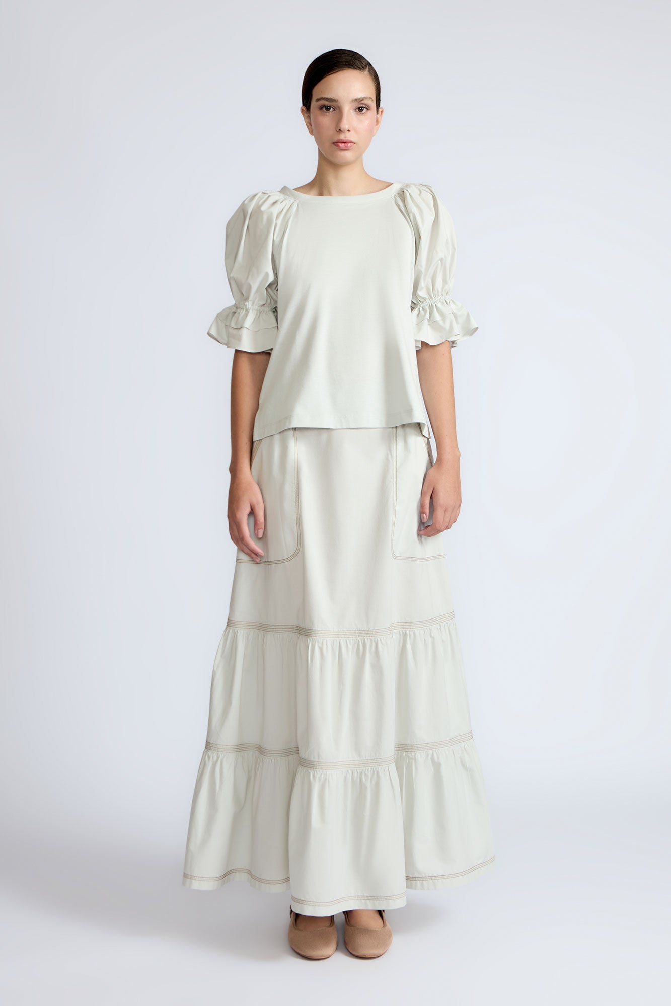 Nery Balloon Sleeve Cotton Top | Silver