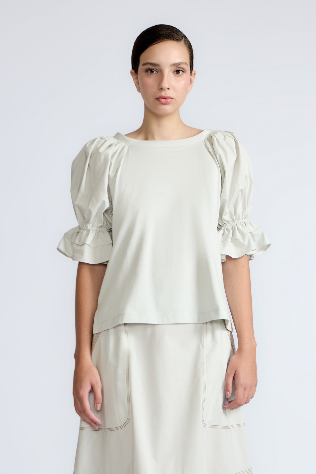 Nery Balloon Sleeve Cotton Top | Silver