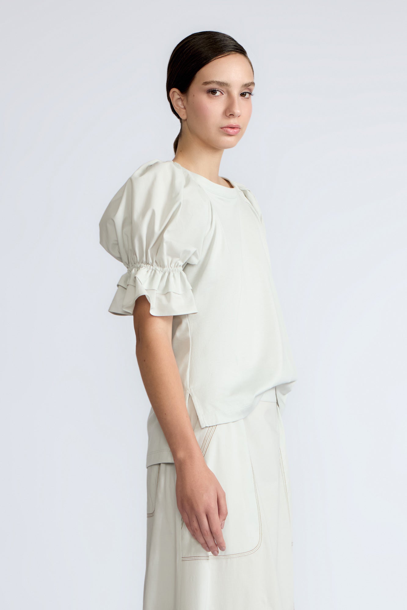 Nery Balloon Sleeve Cotton Top | Silver