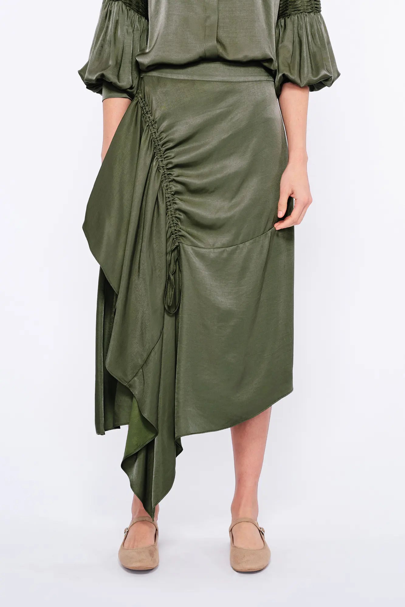 Olenka Asymmetric Ruched Skirt | Olive