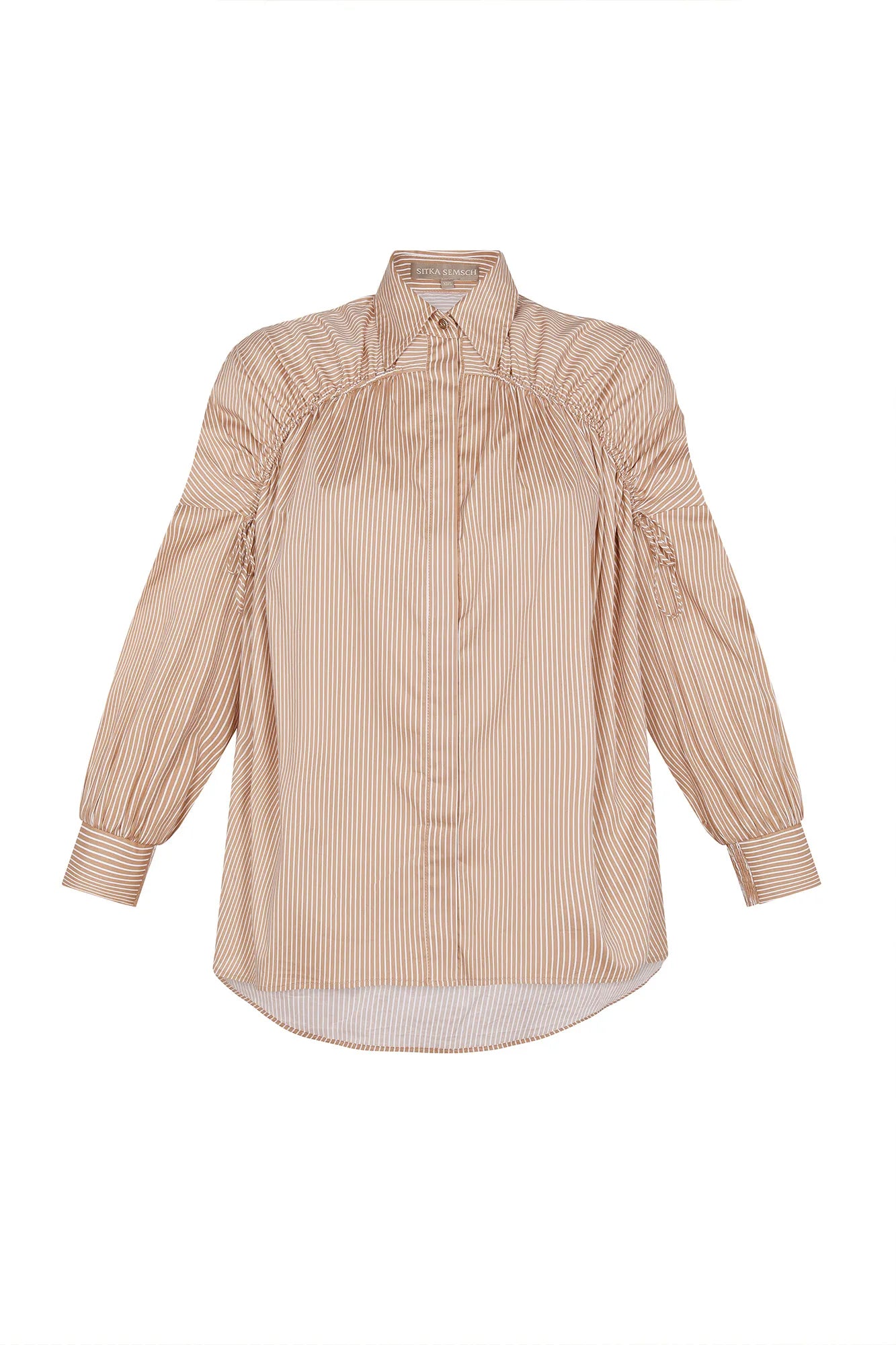 Star Gathered Shoulder Blouse | Striped Camel