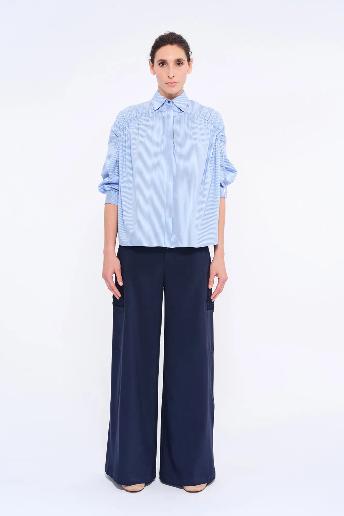 Star Gathered Shoulder Blouse | Striped Light Blue