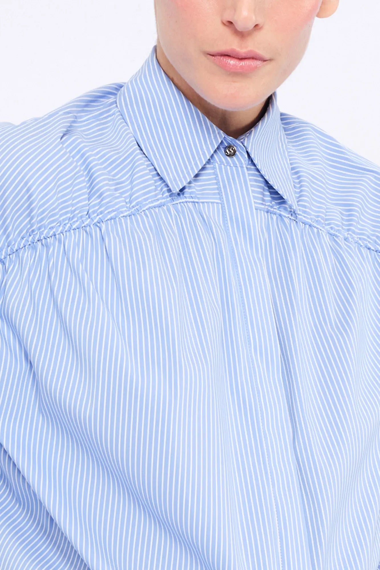 Star Gathered Shoulder Blouse | Striped Light Blue