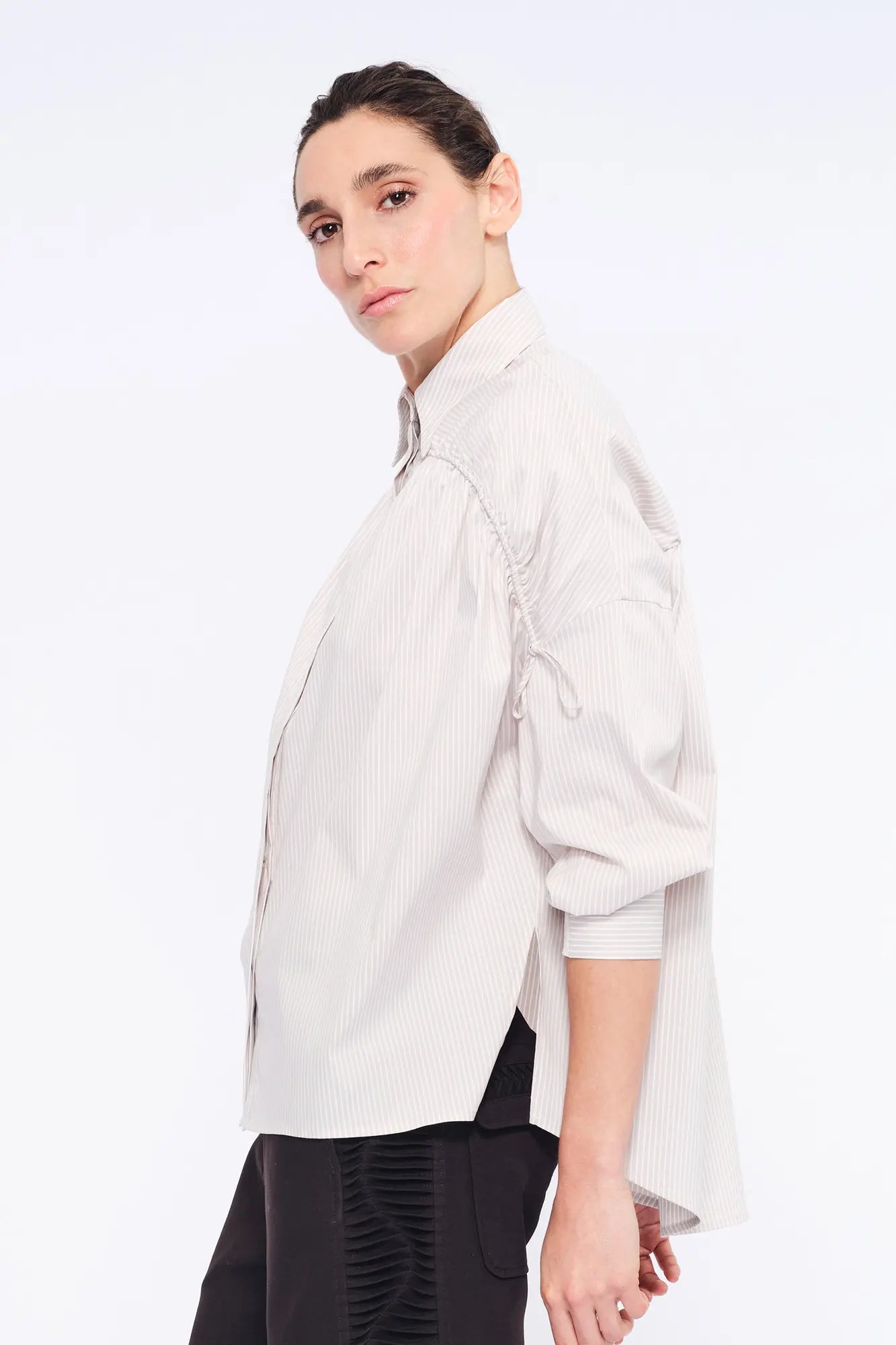 Star Gathered Shoulder Blouse | Striped Sand