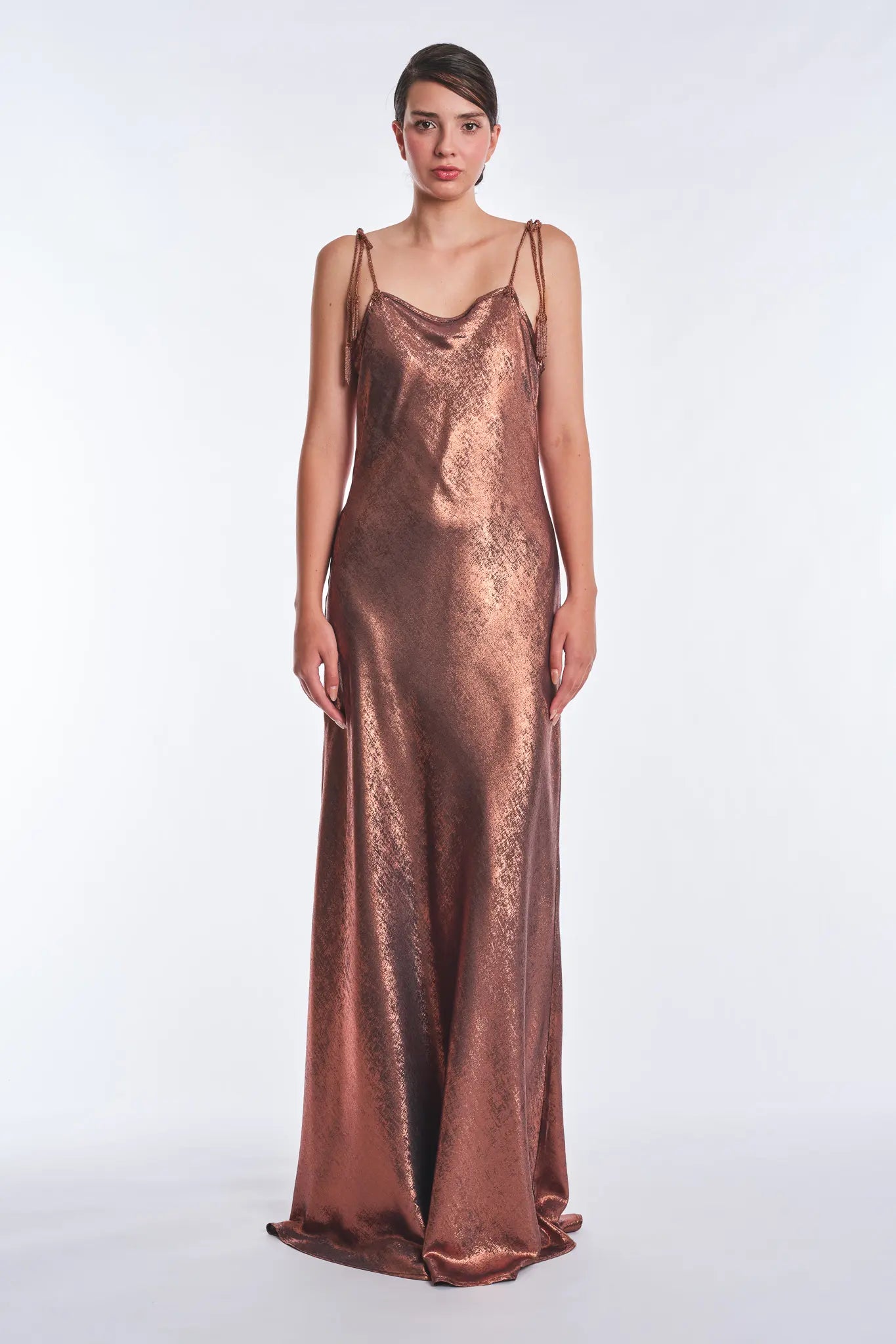 Zahara Metallic Crochet-Tie Maxi Dress | Copper